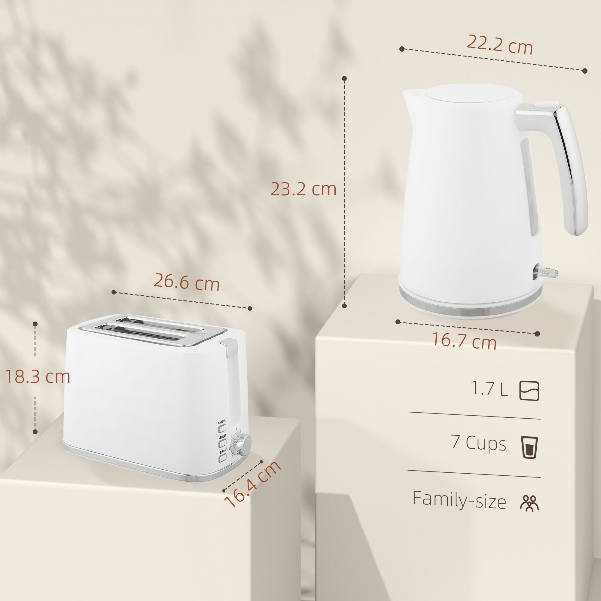 1.7L 2200W Electric Kettle with Thermostat and Double Toaster with 7 Browning Levels, White
