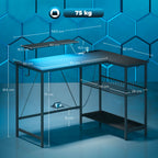 Corner Gaming Desk with LED Lights, Power Outlets, Monitor Stand and Shelf, Black