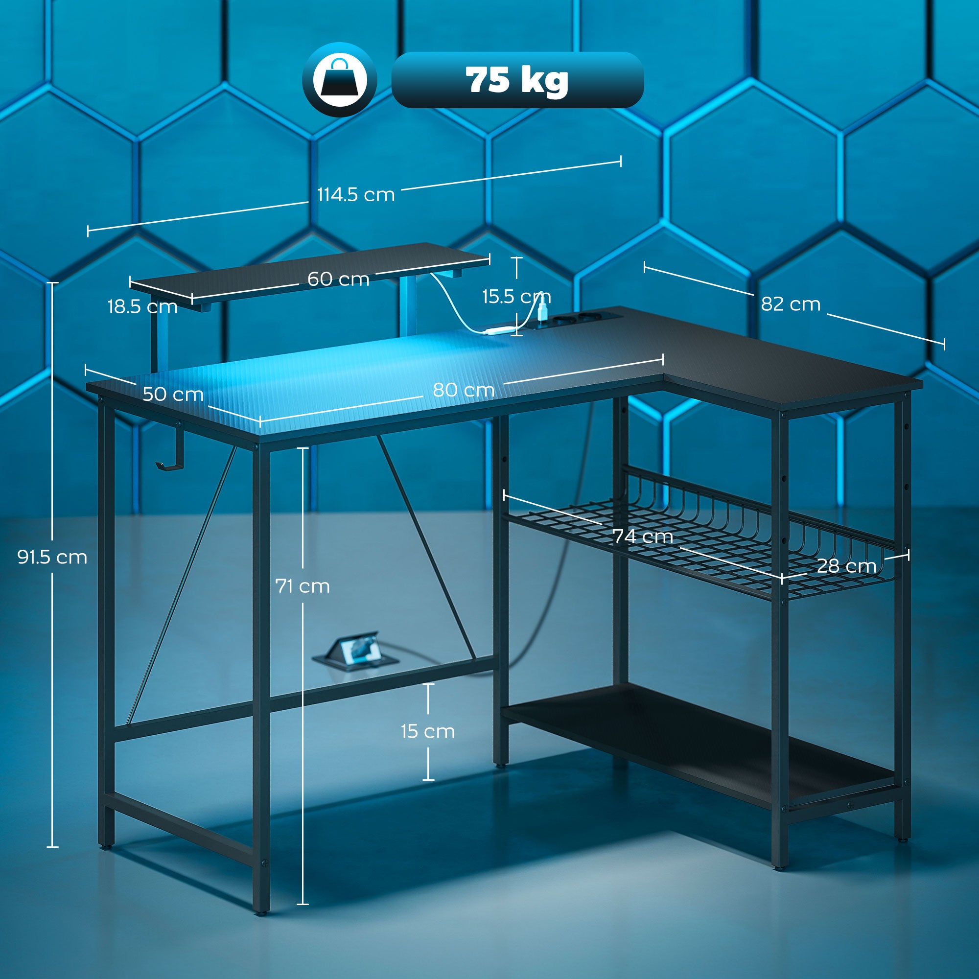 Corner Gaming Desk with LED Lights, Power Outlets, Monitor Stand and Shelf, Black