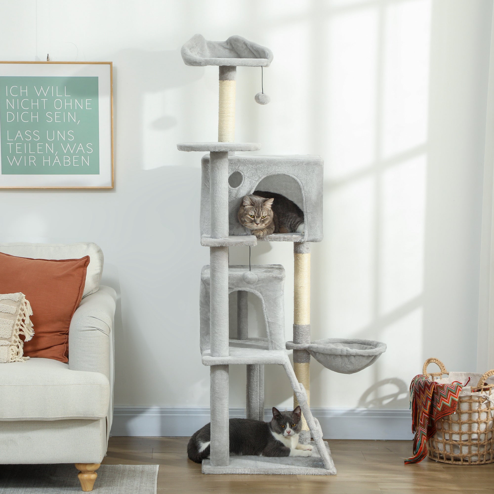 Cat Tree, 160 cm Tall, with 2 Cat Houses, Hammock, Bed and Sisal Posts, Grey