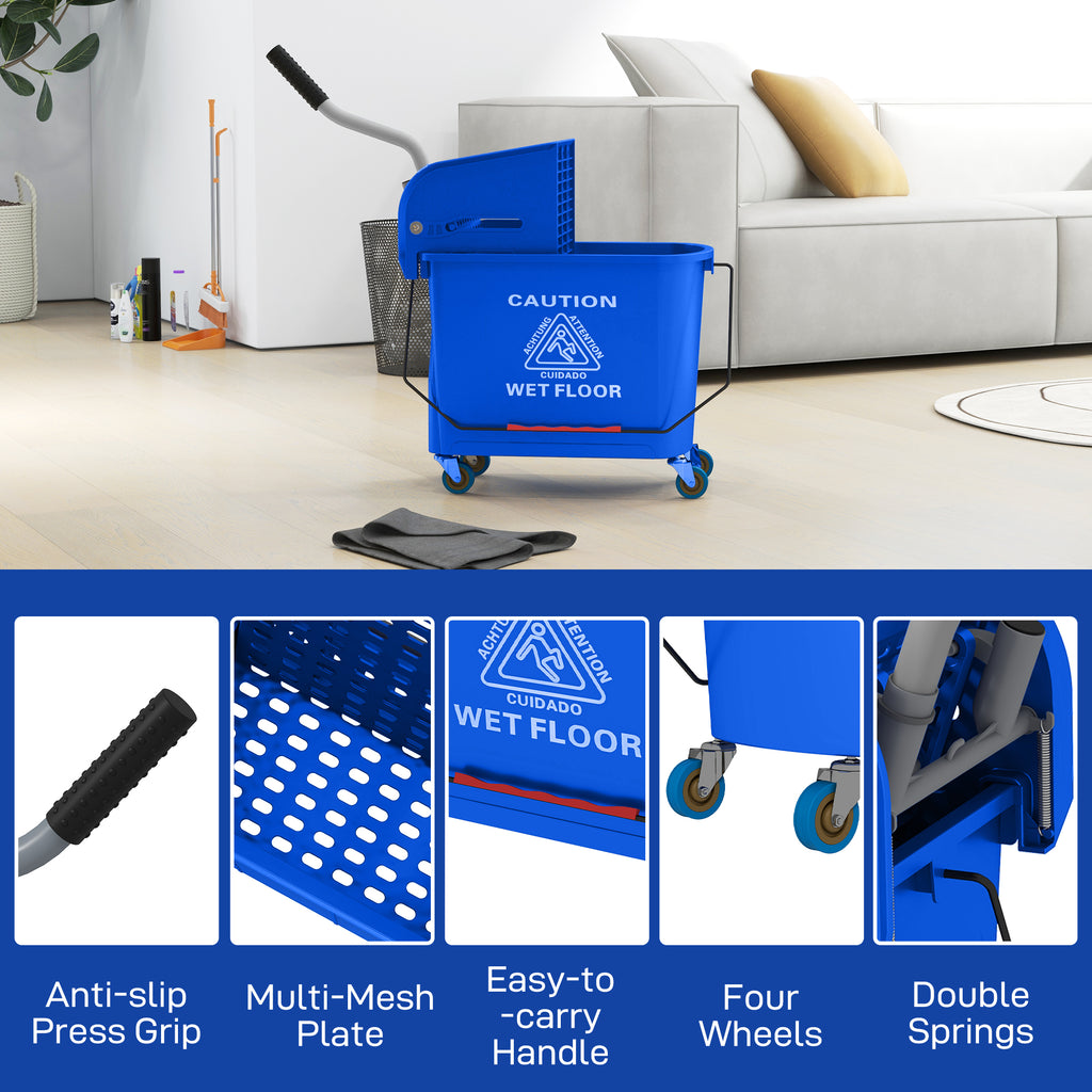 20L PP Plastic Cleaning Trolley with Bucket and Wringer, 60x27x70.5 cm, Blue