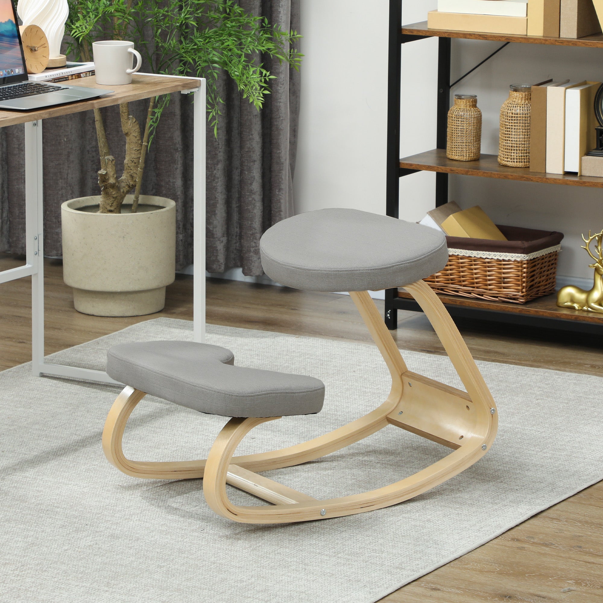Rocking Kneeling Chair, Fabric and Birch Wood, 50x73x55 cm, Grey