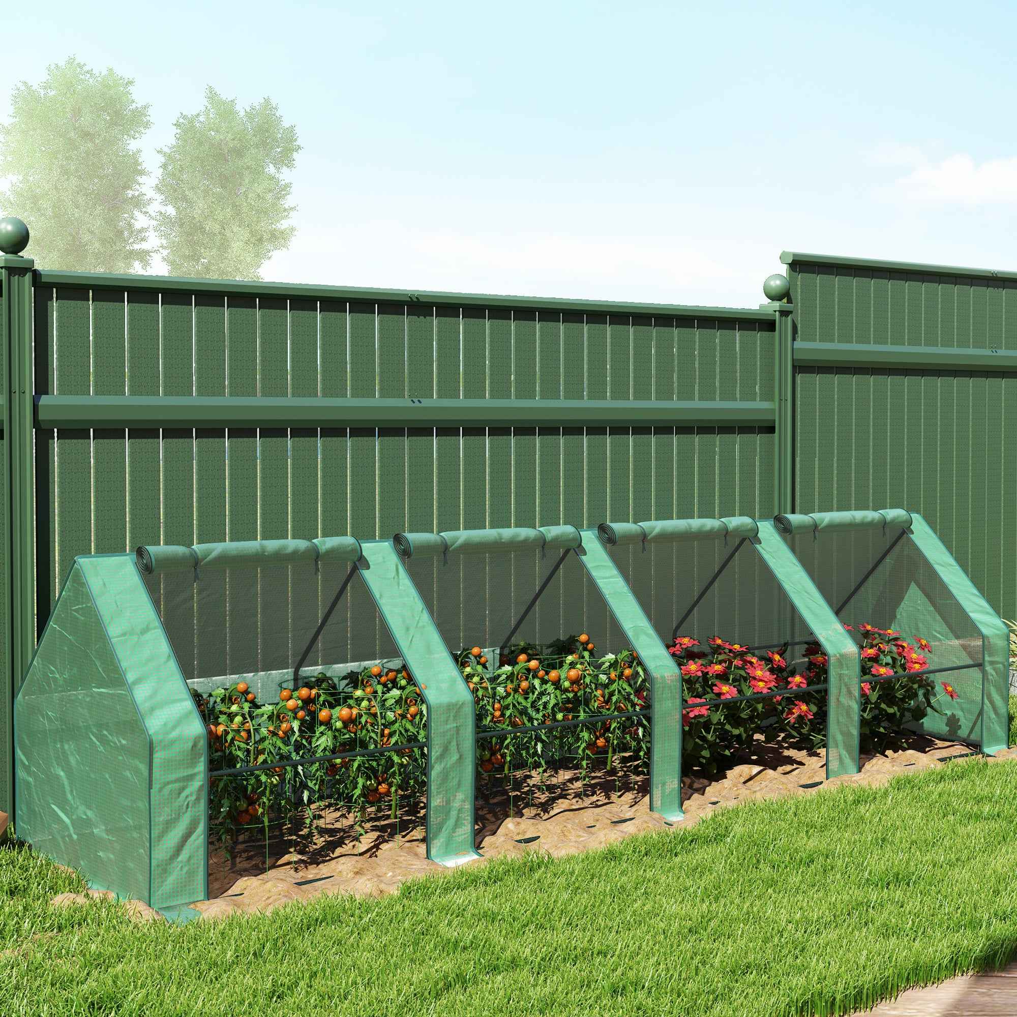 Outsunny 4-Door Roll-Up Mini Garden Greenhouse with Extended Cover, Steel and PE, 360x90x90 cm, Green