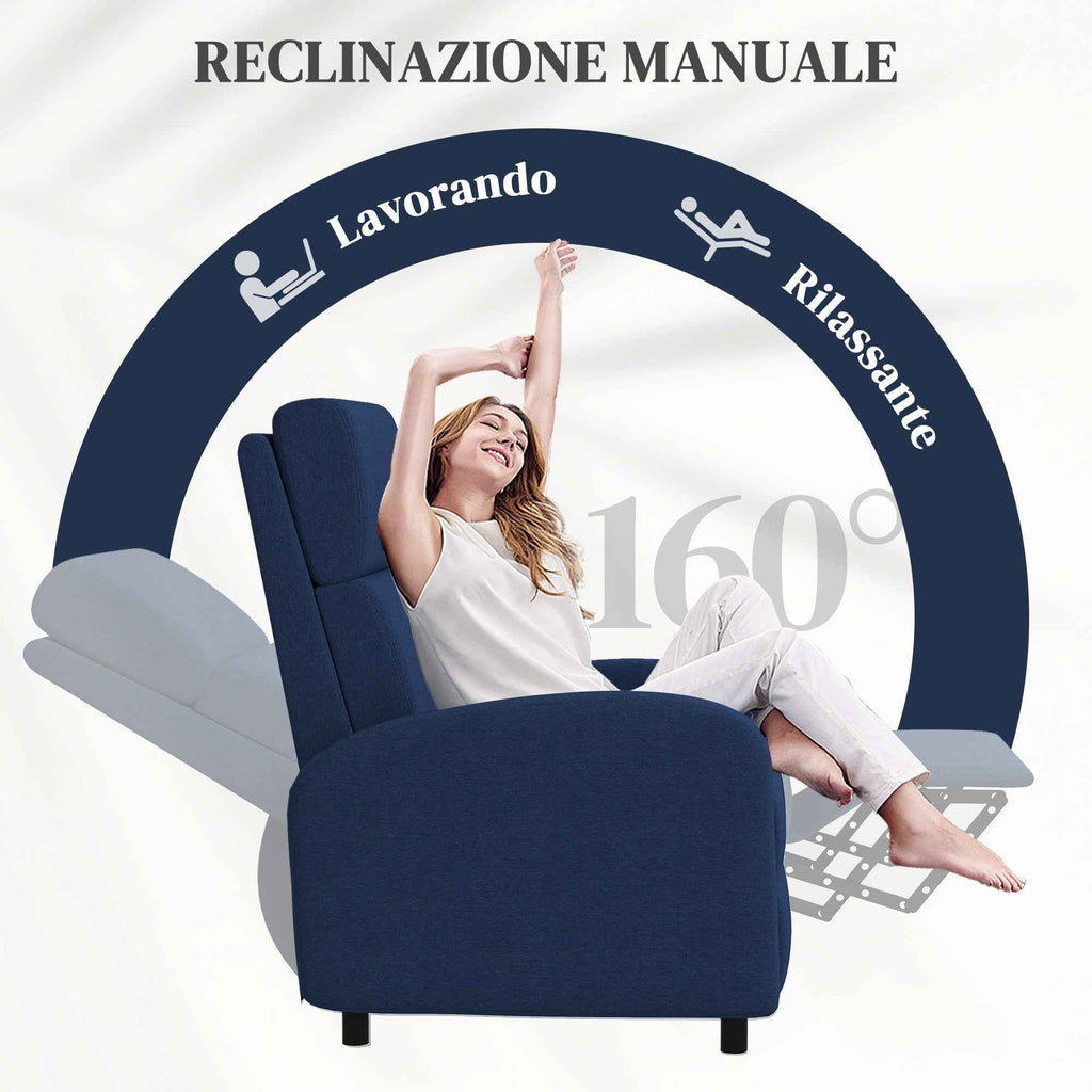 HOMCOM 160° Manually Reclining Relaxing Chair with Fabric Footrest, Blue