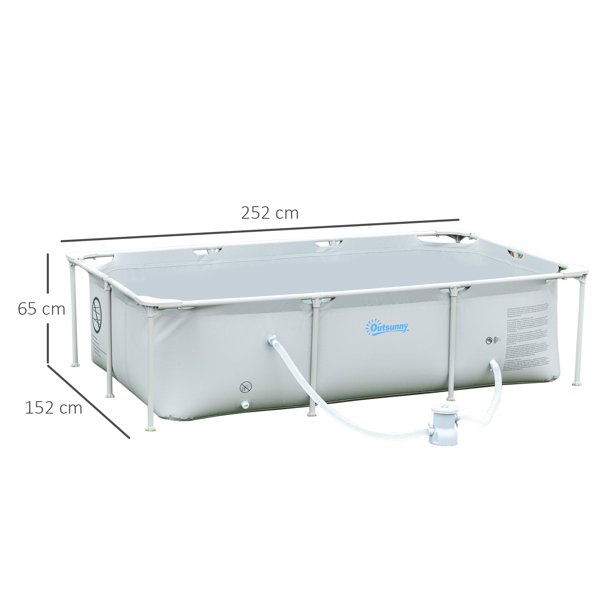 Freestanding Above Ground Pool, Rectangular Rigid Pool with Filter and Valve in Steel and PVC, Grey, 252x152x65cm