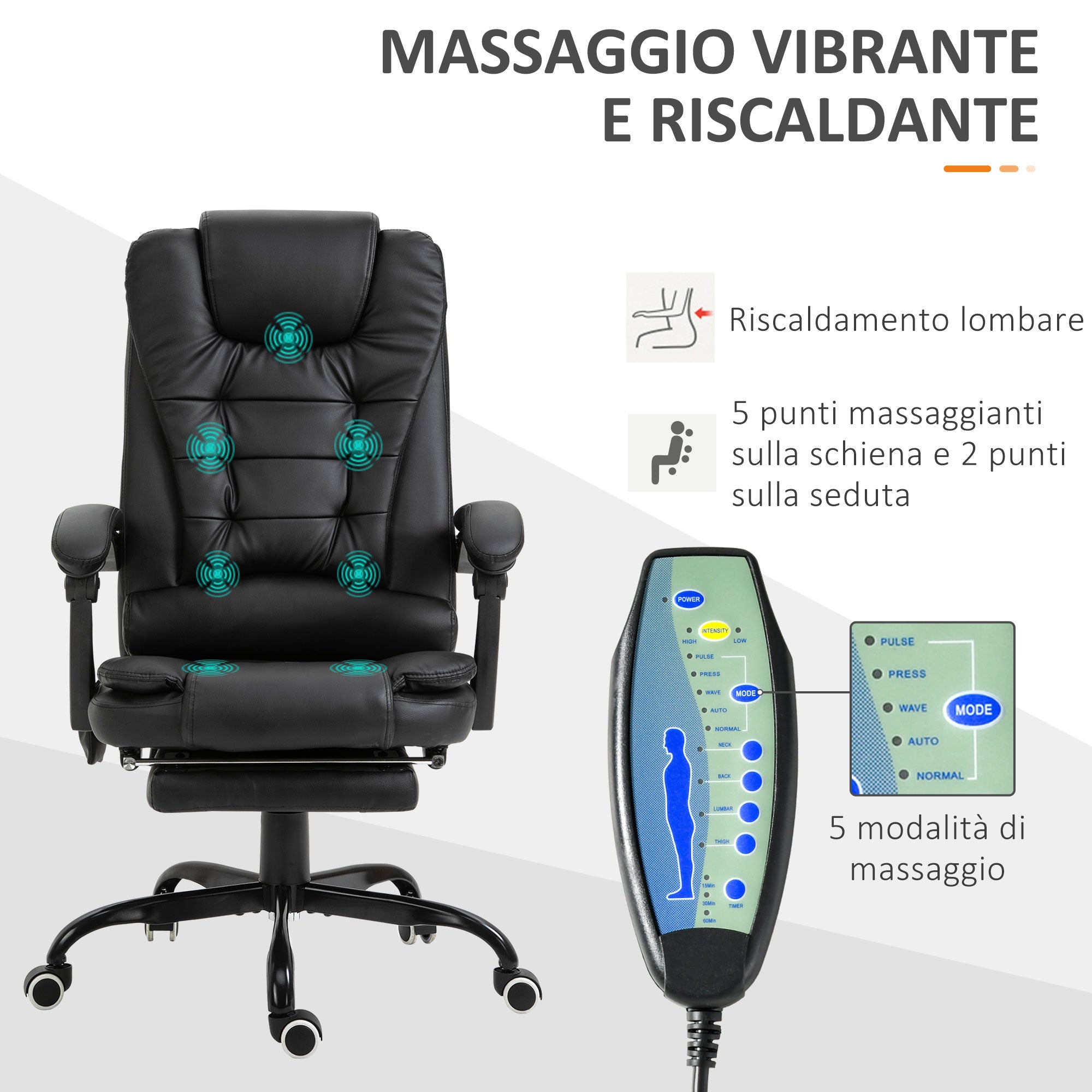 Office Chair with 7 Vibrating Points, Footrest and 155° Reclining Backrest, Black - Borgè