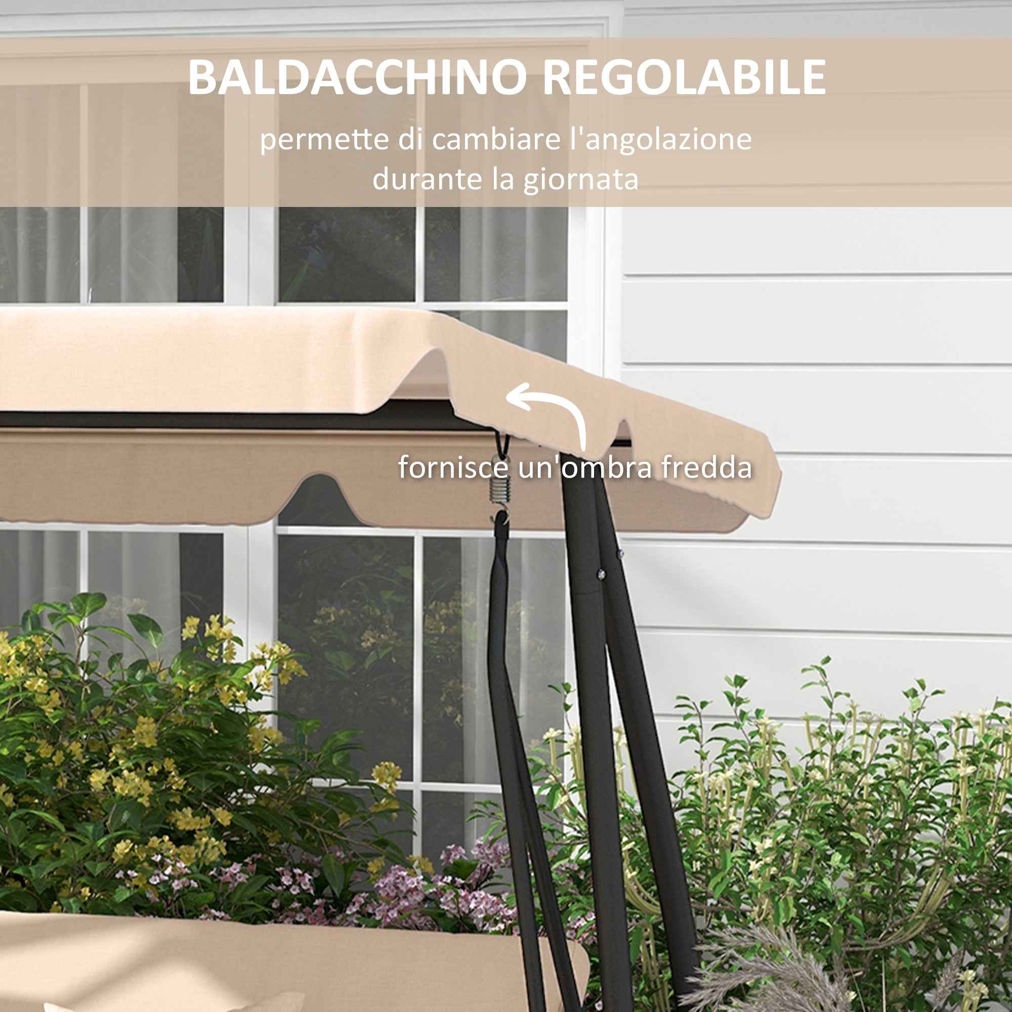 Outsunny 3-Seater Garden Swing Bed with Adjustable Canopy and Tray, 200x120x164 cm, Light Brown