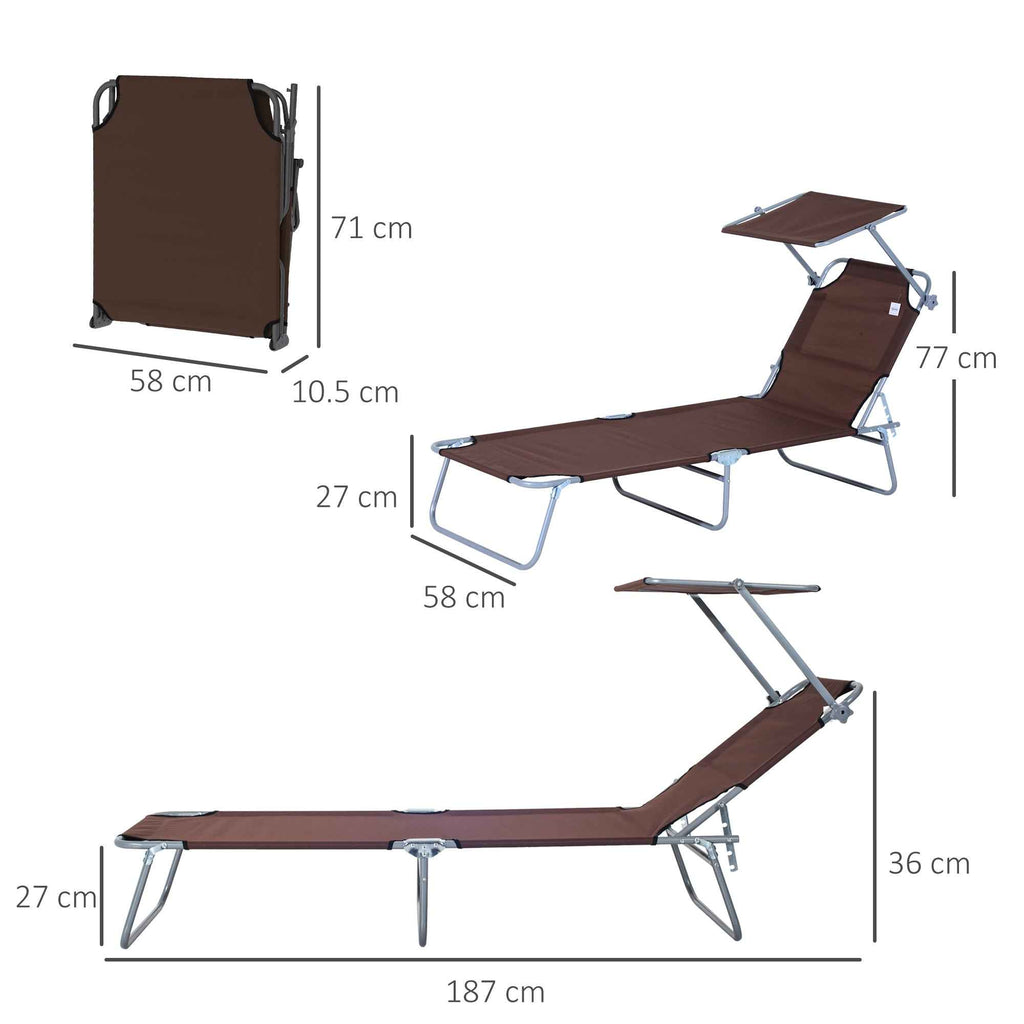 Outsunny Outdoor Lounger, Folding and Adjustable Outdoor Deck Chair with Brown Fabric Canopy, 187x58x36cm