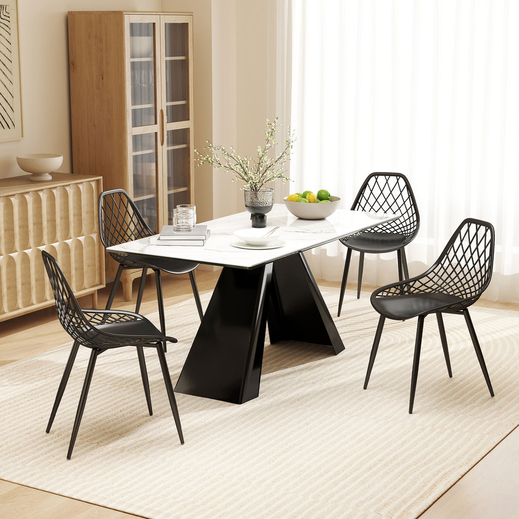 Set of 4 Modern Dining Chairs with Perforated Backrest in Plastic and Metal Legs, Black