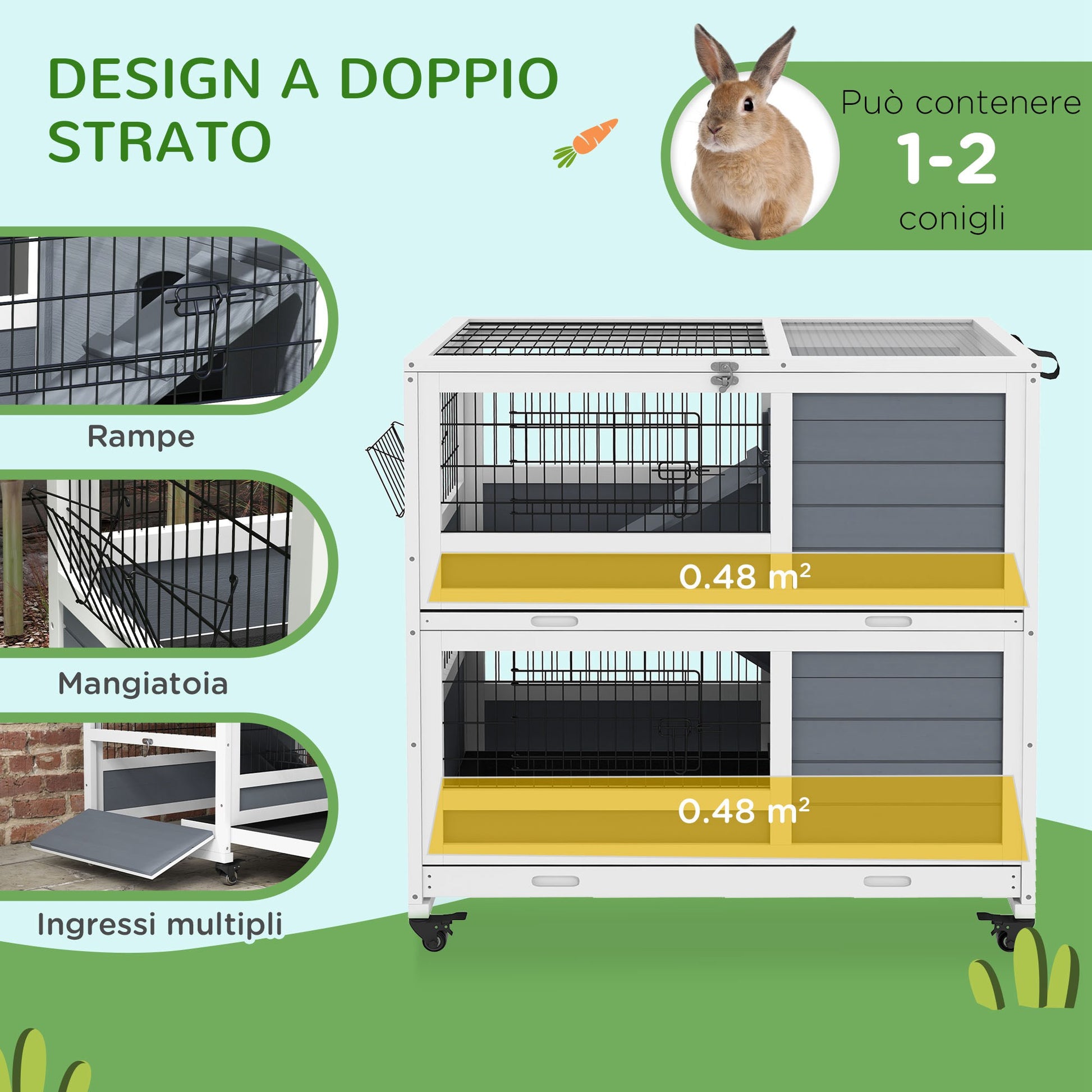 Cozy 2-Tier Indoor Wooden Hutch with Wheels, Removable Trays & Fun Ramps - Grey - Borgè