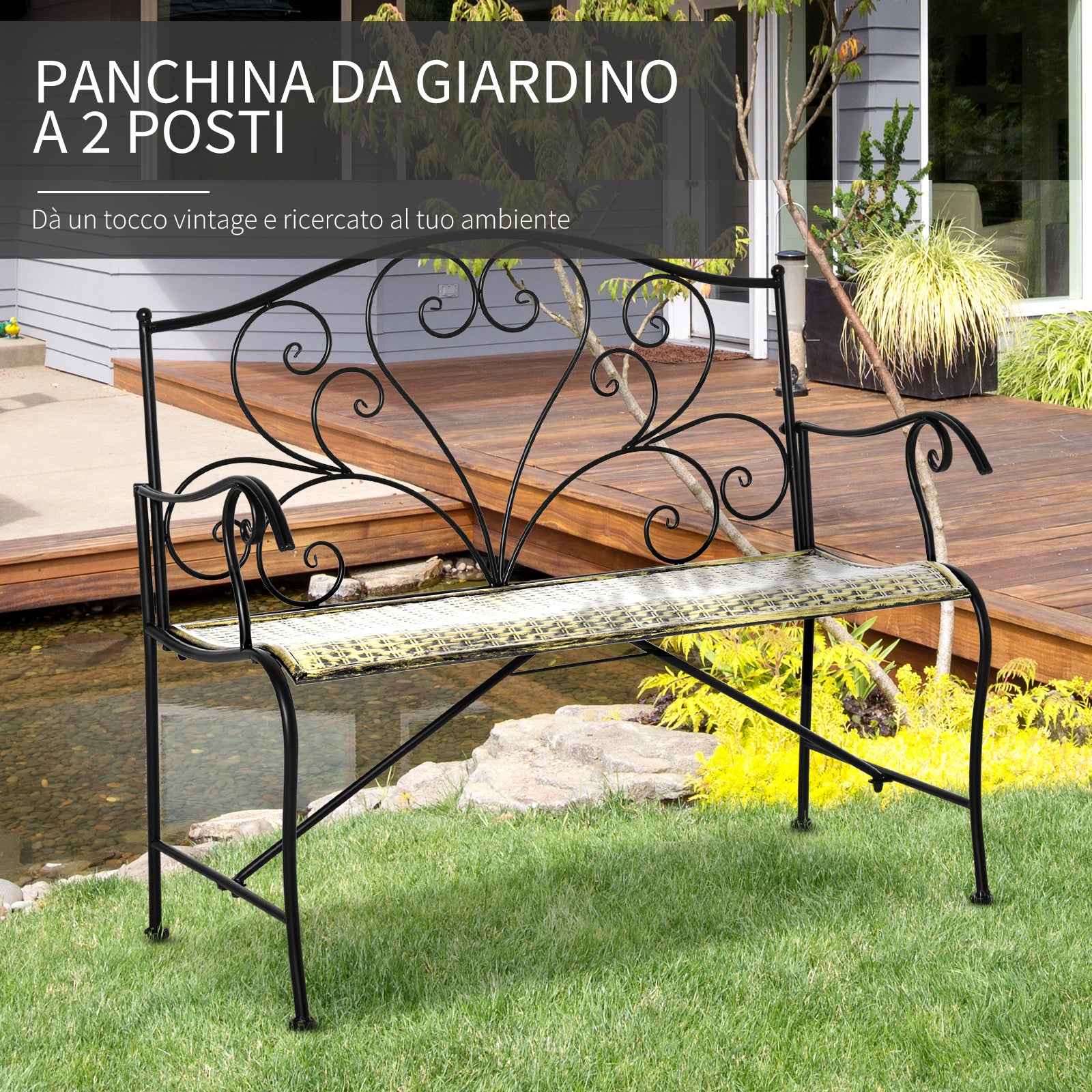 Outsunny Iron Garden Bench, Vintage Style 2-Seater Outdoor Bench, 100x 50x88cm, Black