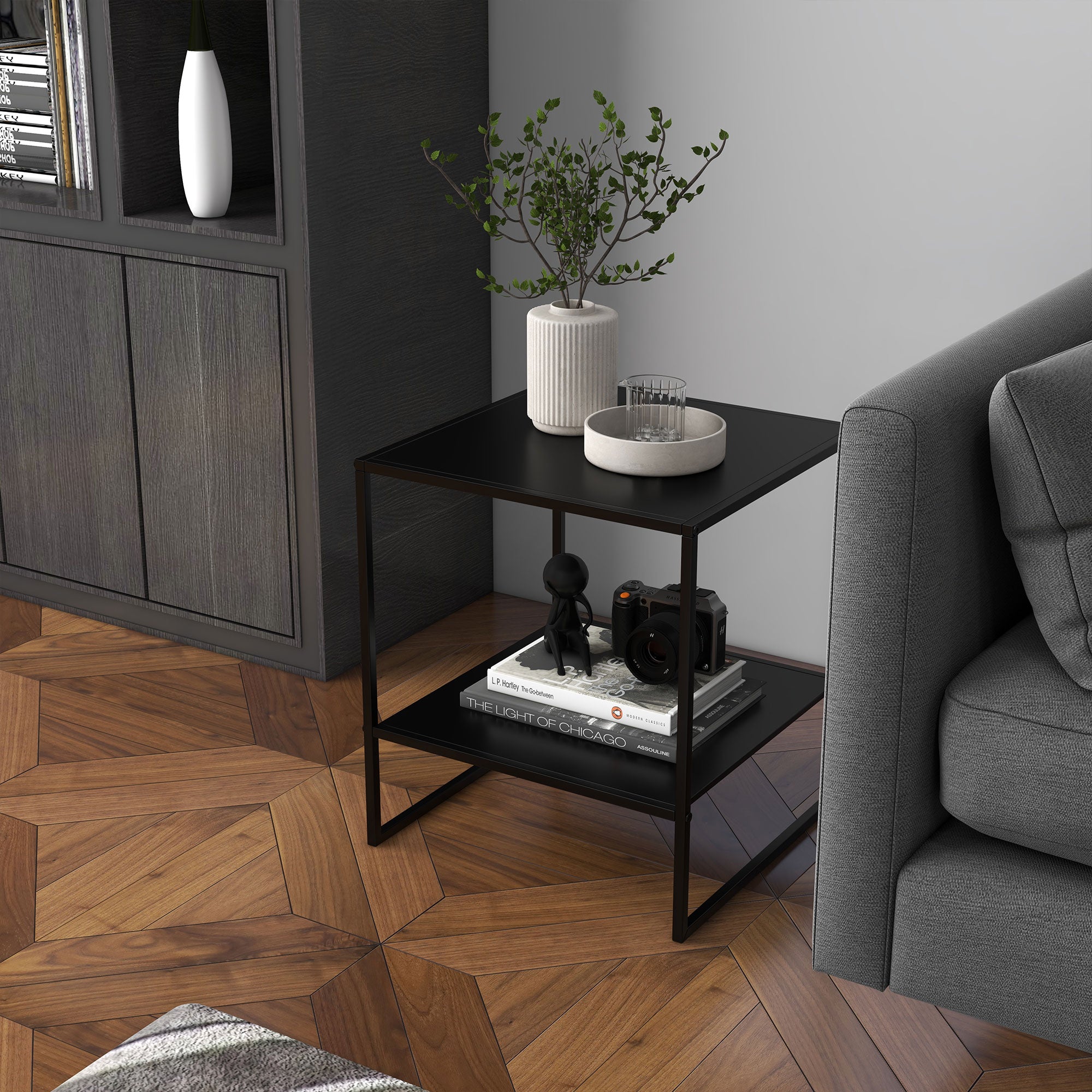 Industrial Style 2 Tier Steel Coffee Table, 40x40x45cm, Black