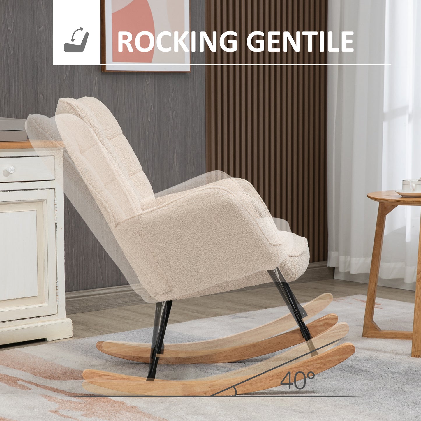 Upholstered Rocking Chair in Wood and Steel for Living Room and Bedroom, 71x98x101 cm, Beige - Borgè