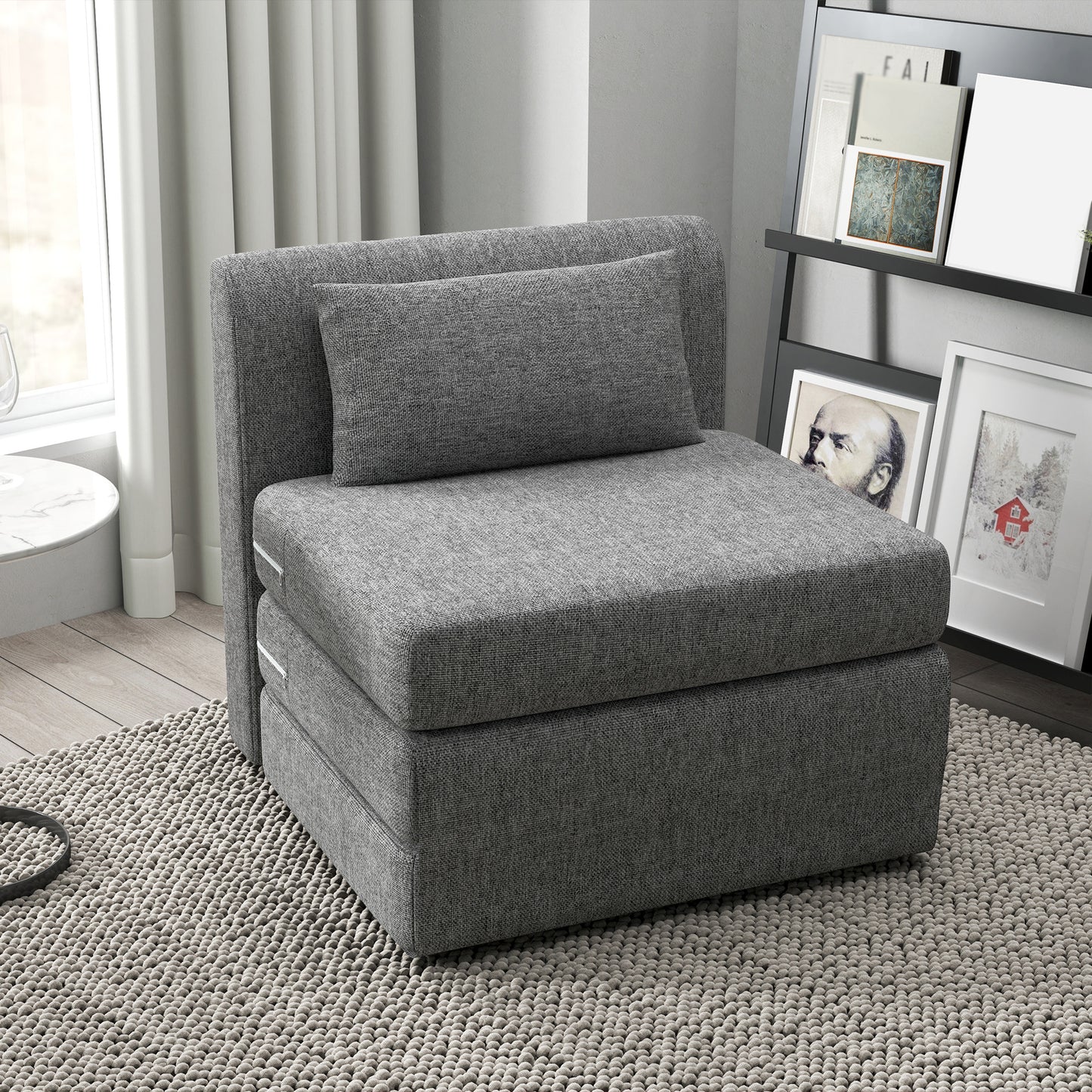 Space-Saving 3-Section Folding Floor Armchair Fabric Bed, 80x75x74 cm, Grey