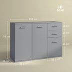 Modern Sideboard with 3 Cabinets and 2 Drawers, Wooden, 106x35x76 cm, Light Grey