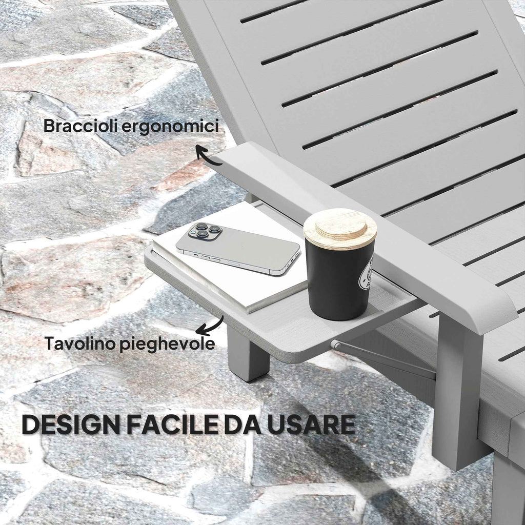 Outsunny Adjustable Garden Lounger with Table and Armrests, in Polypropylene, 79x158x88 cm, Light Grey