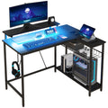 Reversible Corner Desk with LED, Power and USB Sockets, Shelves and Monitor Stand, Black