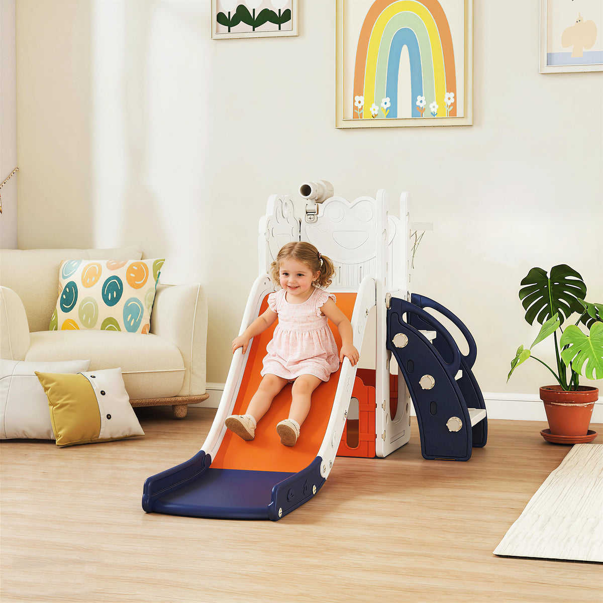 AIYAPLAY 5-in-1 Kids Slide Set with Basketball Hoop, Ladder, Telescope and Storage Containers, Ages 1-3 Years, Dark Blue
