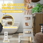 Montessori Tower for Children with Blackboard and Railing, Wooden, 55x52.5x87.5 cm, White and Wood color