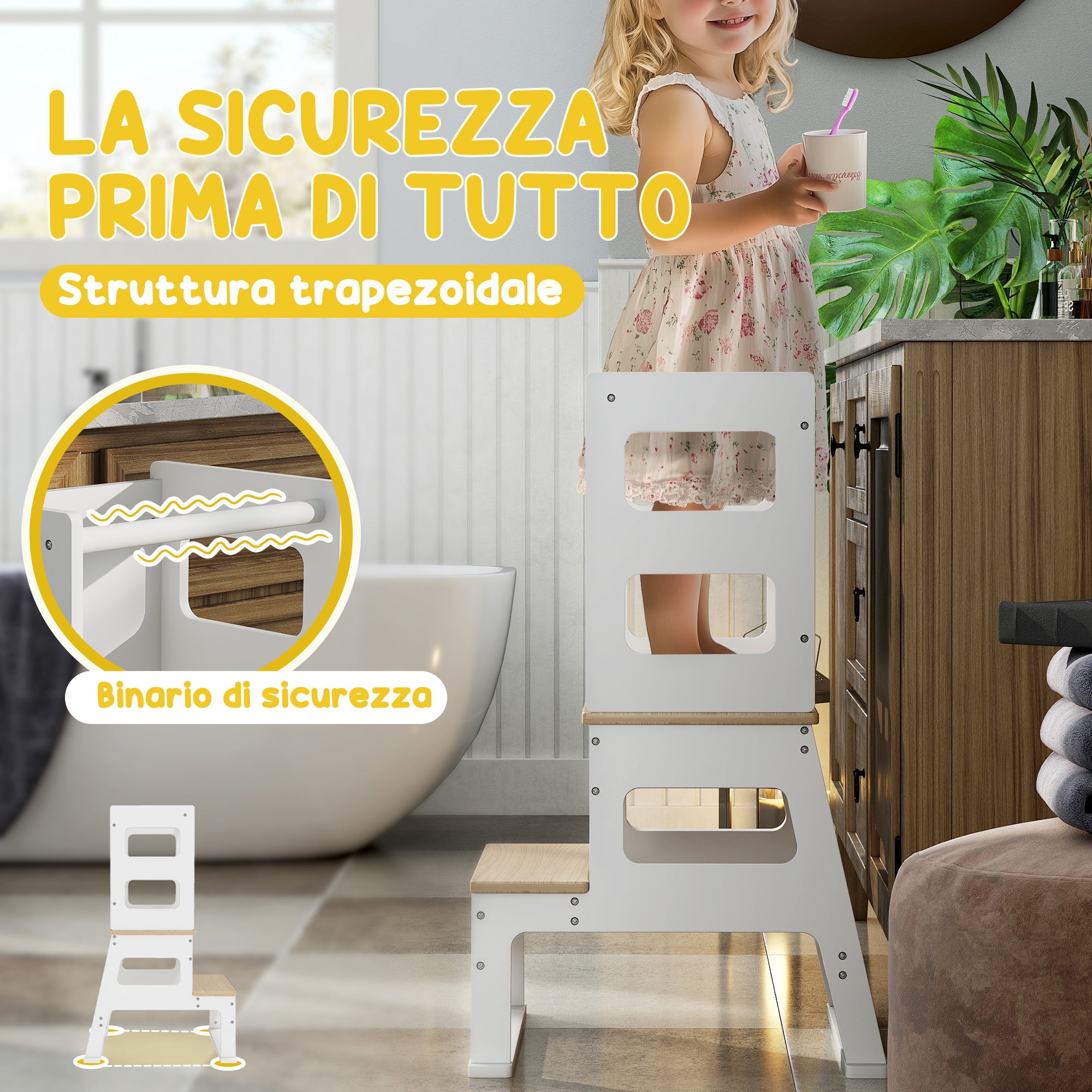 Montessori Tower for Children with Blackboard and Railing, Wooden, 55x52.5x87.5 cm, White and Wood color