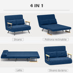 3 in 1 Velvet Fabric Sofa Bed with Adjustable Backrest and 2 Cushions, 102x73x81 cm, Blue