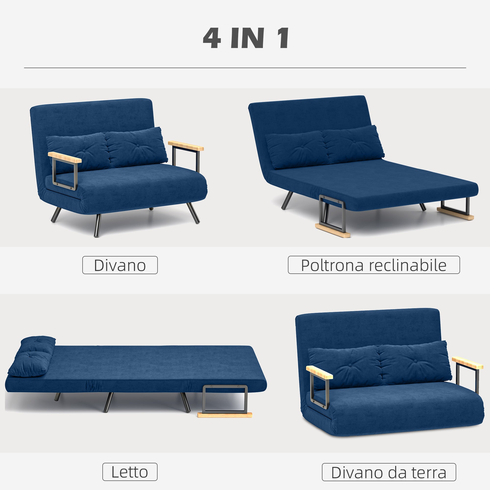 3 in 1 Velvet Fabric Sofa Bed with Adjustable Backrest and 2 Cushions, 102x73x81 cm, Blue