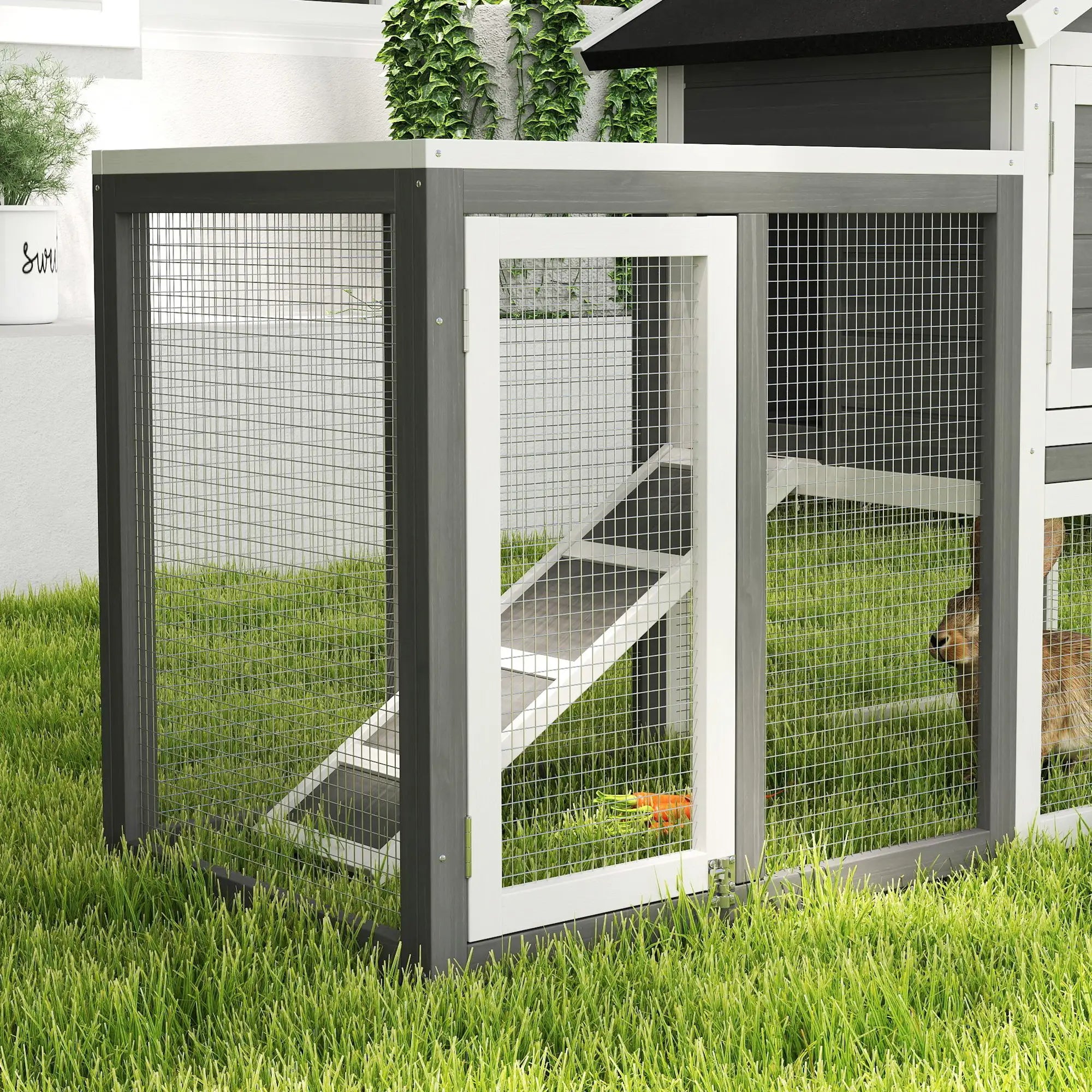 Rabbit Cage, Guinea Pigs and Rodents, Outdoor Rabbit Hutch in Fir Wood with House, Tray and Ramp, 122x62. 6x92 cm, Grey and White - Borge' Group Limited