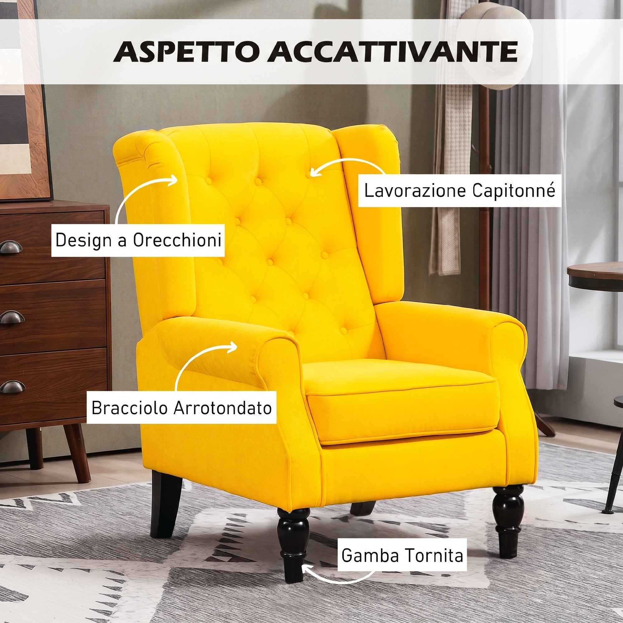 HOMCOM French Style Bedroom Armchair with Wide Seat and Wooden Legs for Living Room and Office, Yellow
