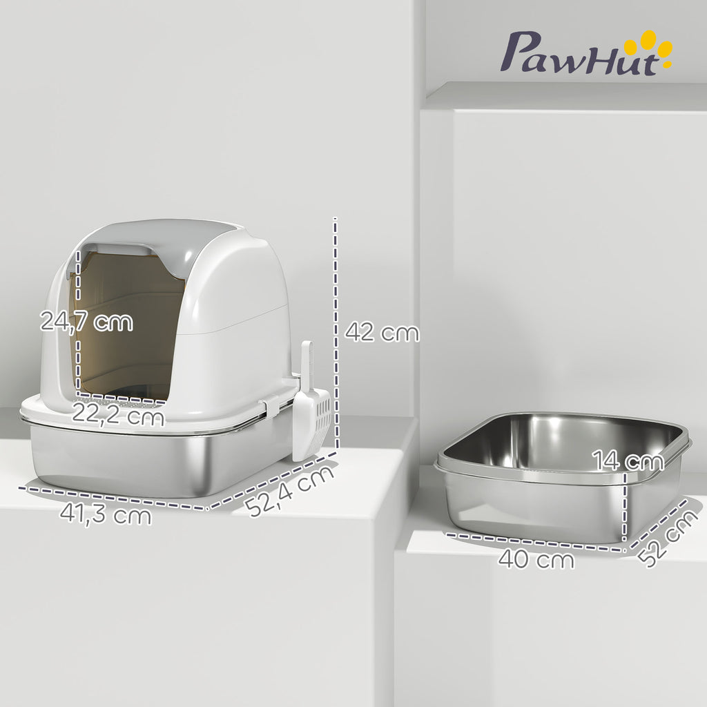 PawHut XL Stainless Steel Enclosed Cat Litter Box with Lift-Off Lid, Scoop, Deodorant Pack, White