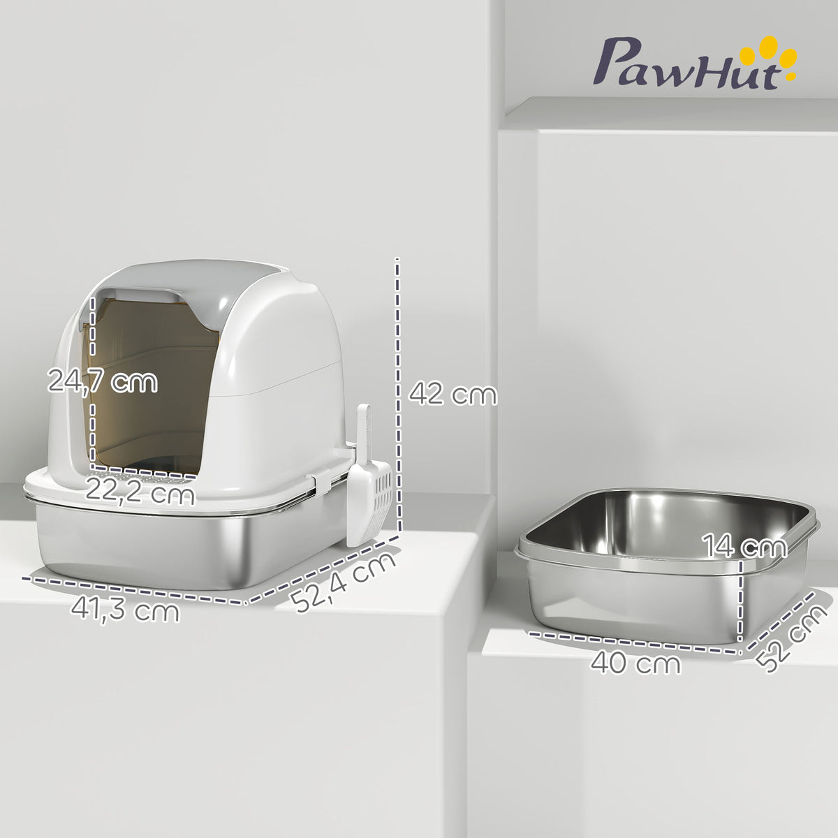 PawHut XL Stainless Steel Enclosed Cat Litter Box with Lift-Off Lid, Scoop, Deodorant Pack, White