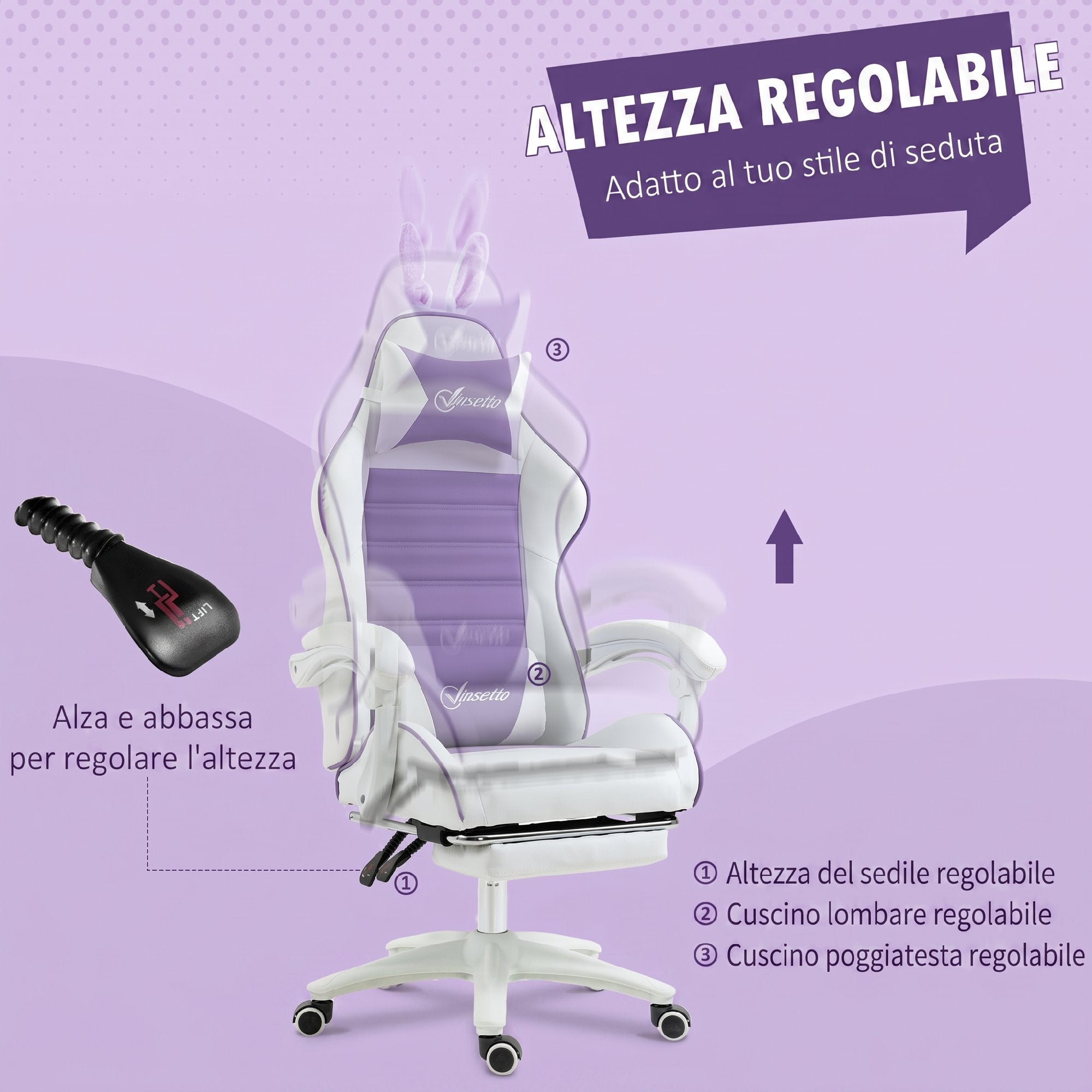 Vinsetto Gaming Chair with Rabbit Ears, Footrest, Cushions, Reclining and Adjustable Height, Purple