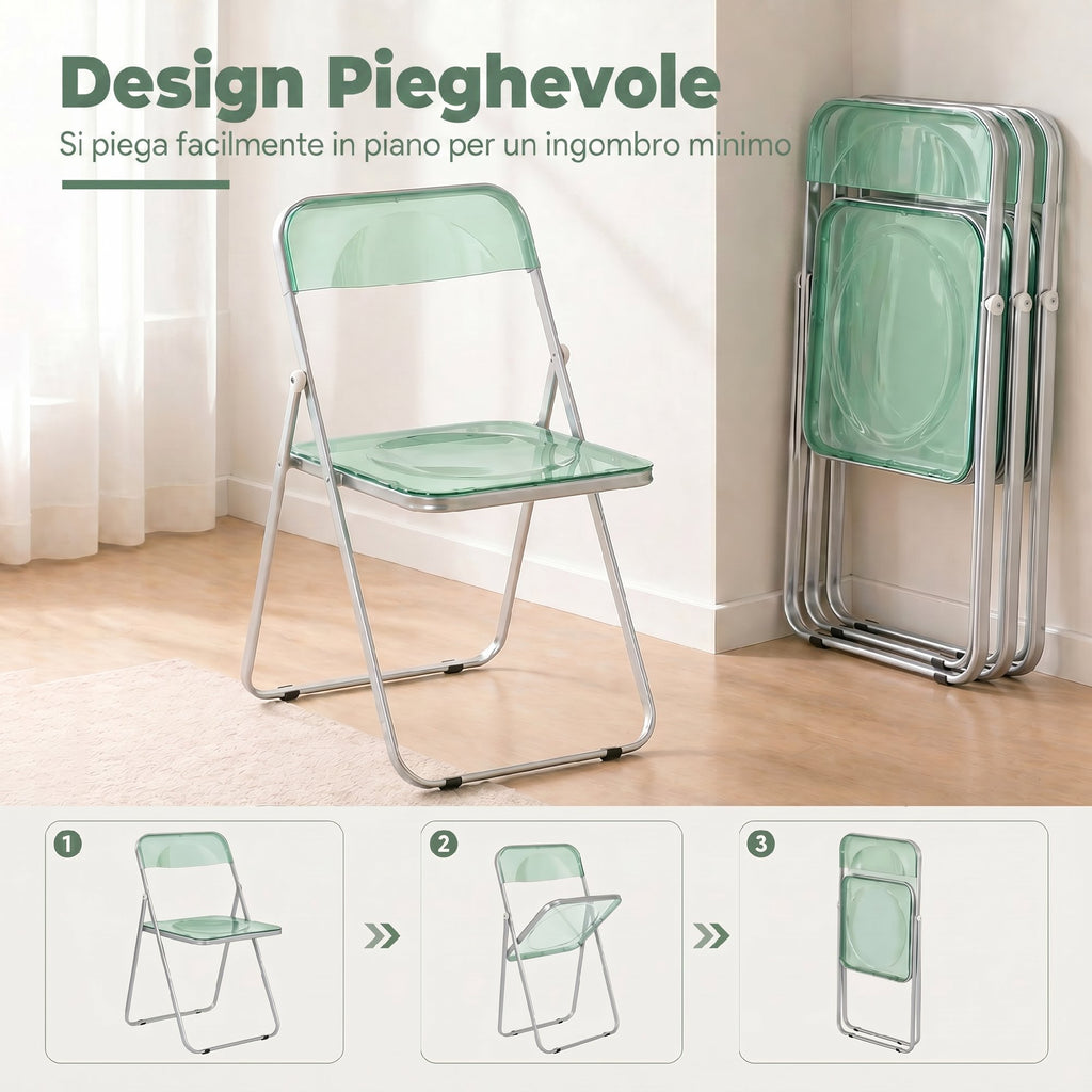 HOMCOM Set of 4 Clear Acrylic Folding Chairs, Green