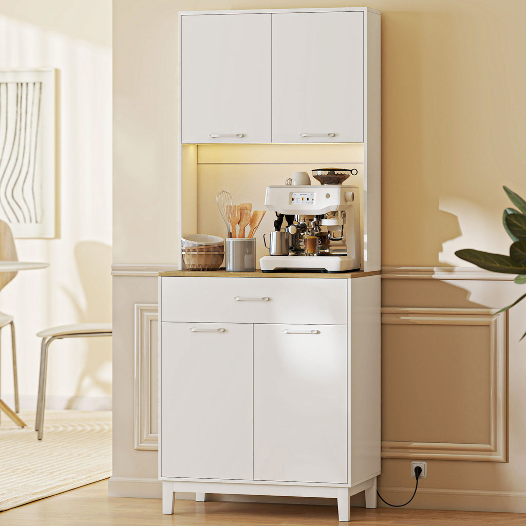 Modern Sideboard with LED Lights, Power Sockets and USB Ports, 2 Cabinets and Drawer, 71x40x180 cm, White