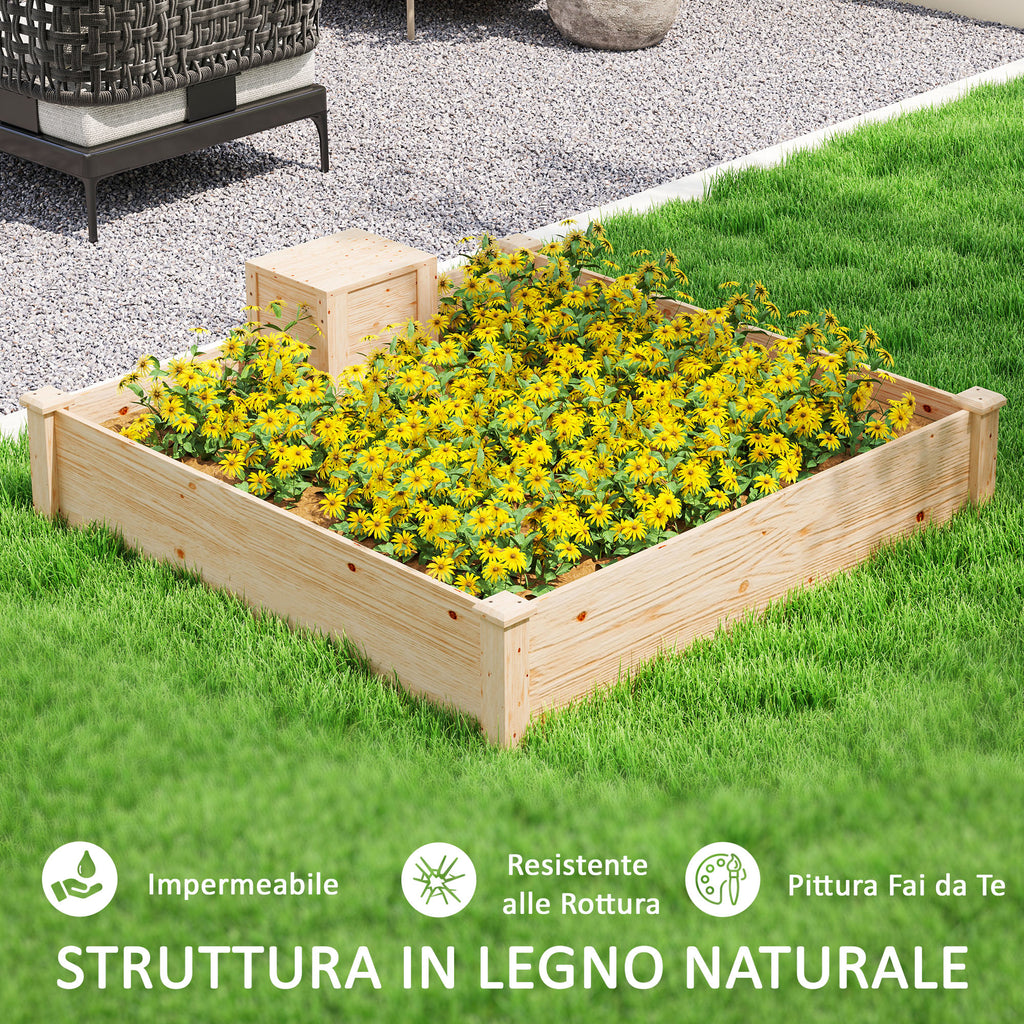 Outdoor Planter in Fir Wood with Composter and Open Bottom, 123x123x25.5 cm, Wood color