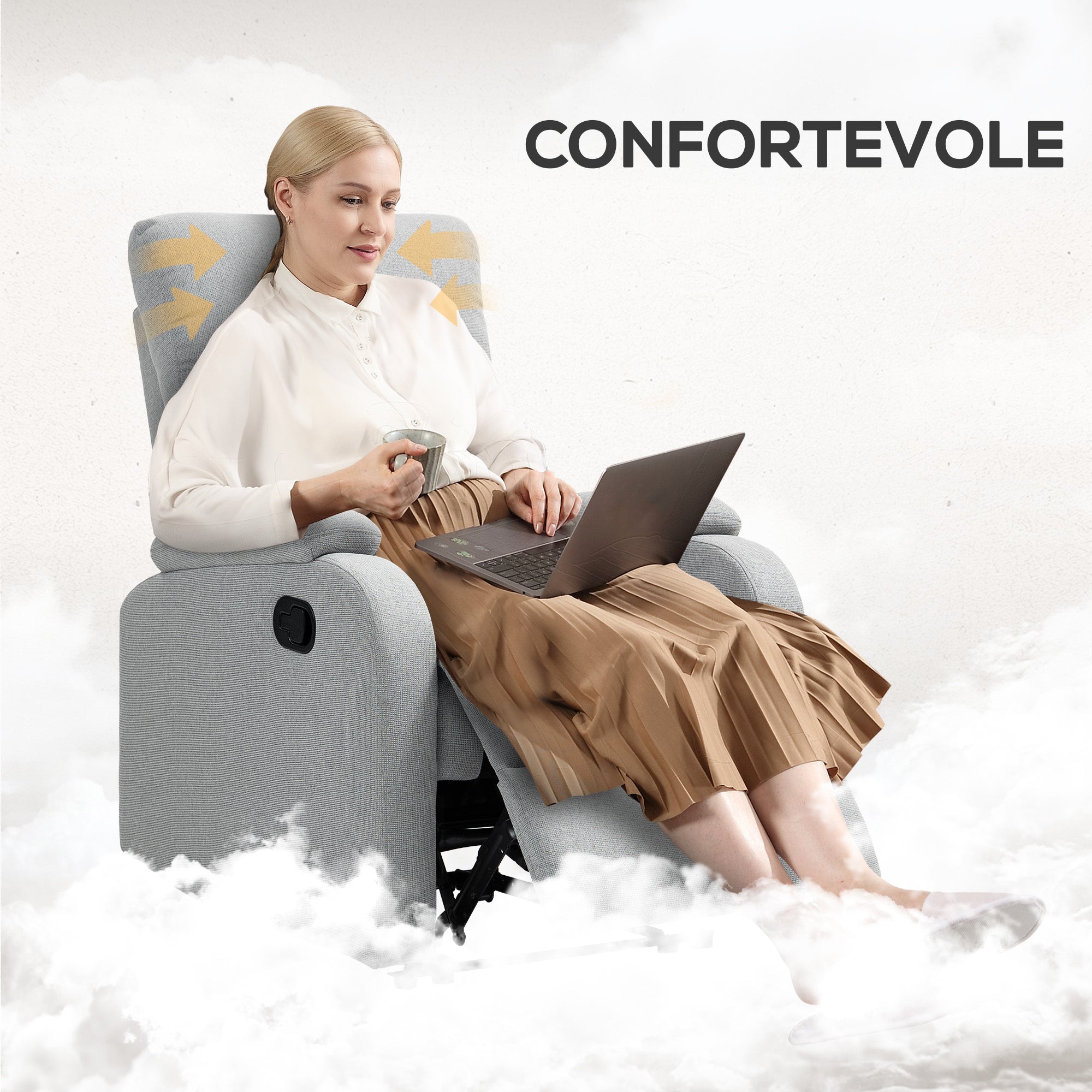 Manually Reclining Armchair at 60° Extra Padded in Fabric with Footrest, Gray