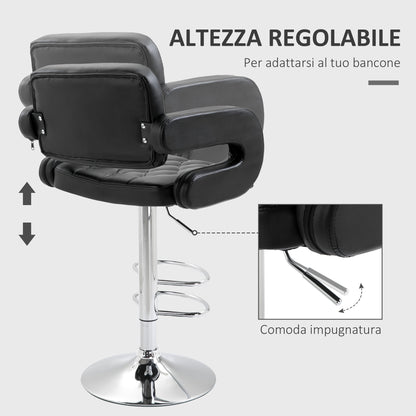 High Bar Stool with Backrest and Armrests, Swivel with Adjustable Height and Footrest, Black Faux Leather