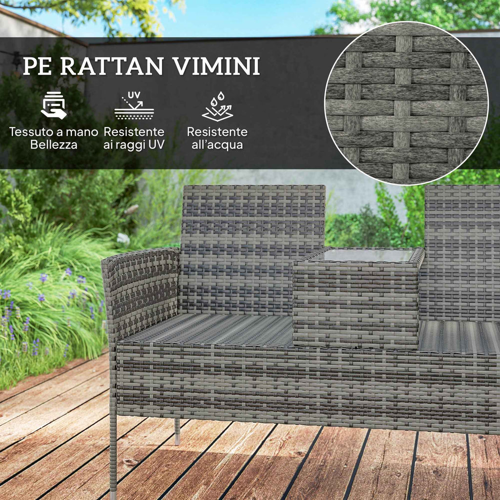 Outsunny 2-Seater Outdoor Bench with Coffee Table, Steel and PE Rattan, 137x59x82 cm, Grey