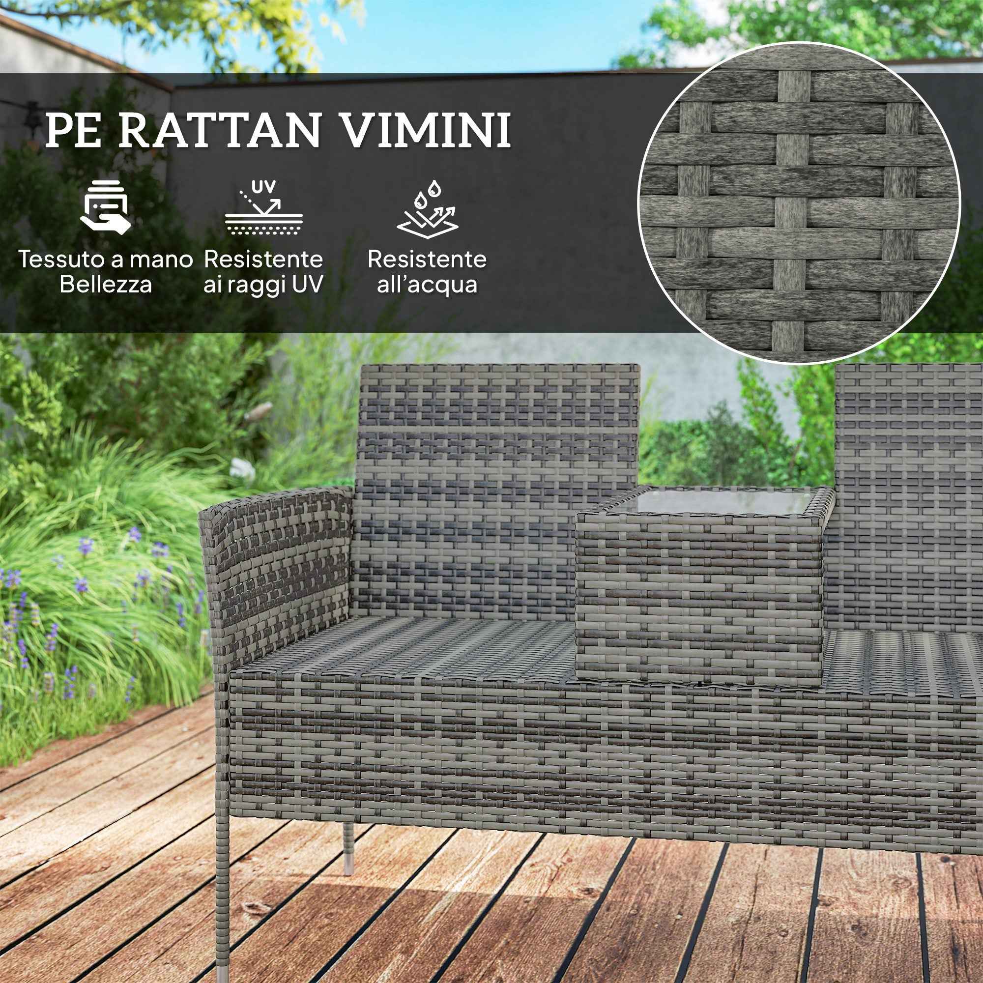 Outsunny 2-Seater Outdoor Bench with Coffee Table, Steel and PE Rattan, 137x59x82 cm, Grey