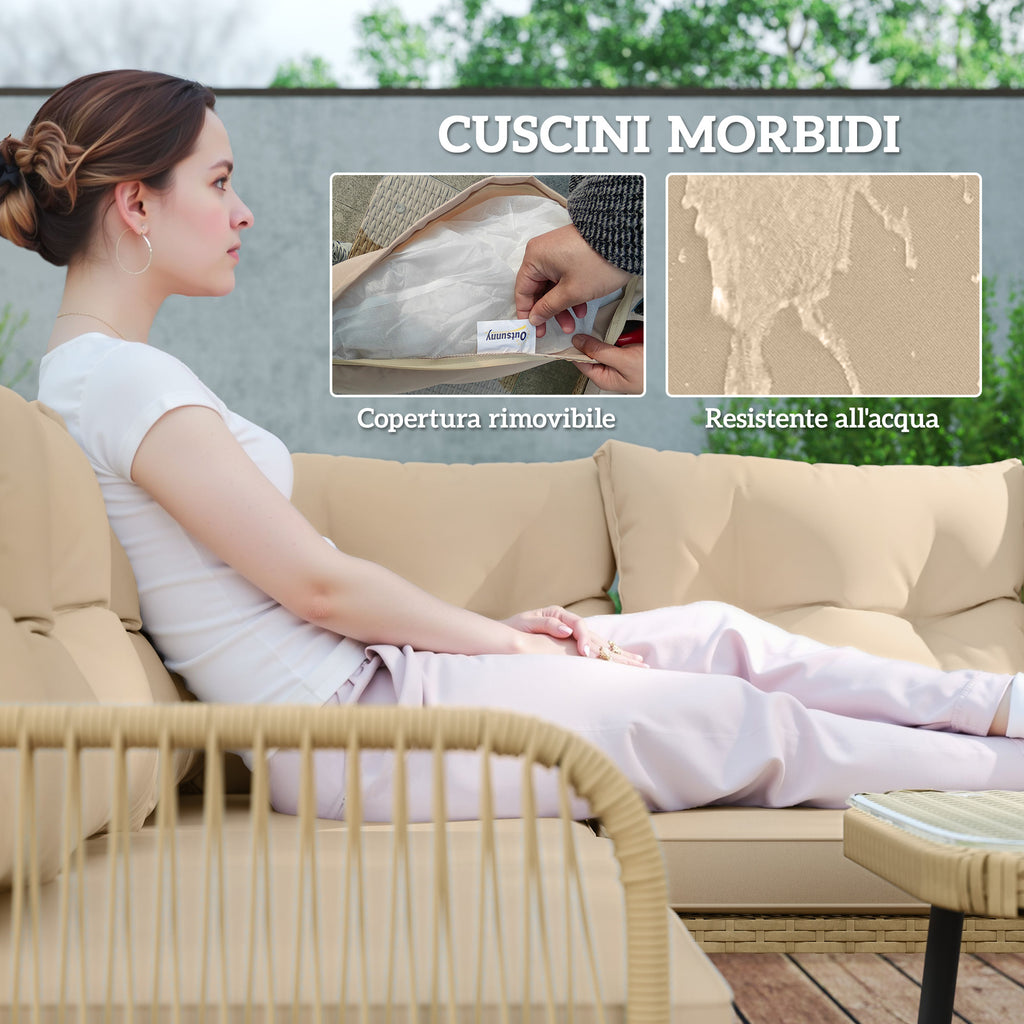 Rattan Garden Lounge Set 2 Sofas and Corner Chair with Cushions, Glass Coffee Table, Wood Color