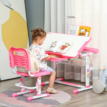 Children's Desk Set for 6-12 Years with Height-Adjustable Chair, Drawer, Light and Tiltable Top, Pink