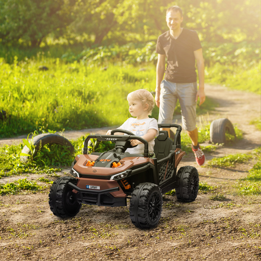 AIYAPLAY Kids Electric Ride-On UTV 12V with Belt, Remote Control, Suspension, USB, 3-6 km/h, 3-5 Years, Brown