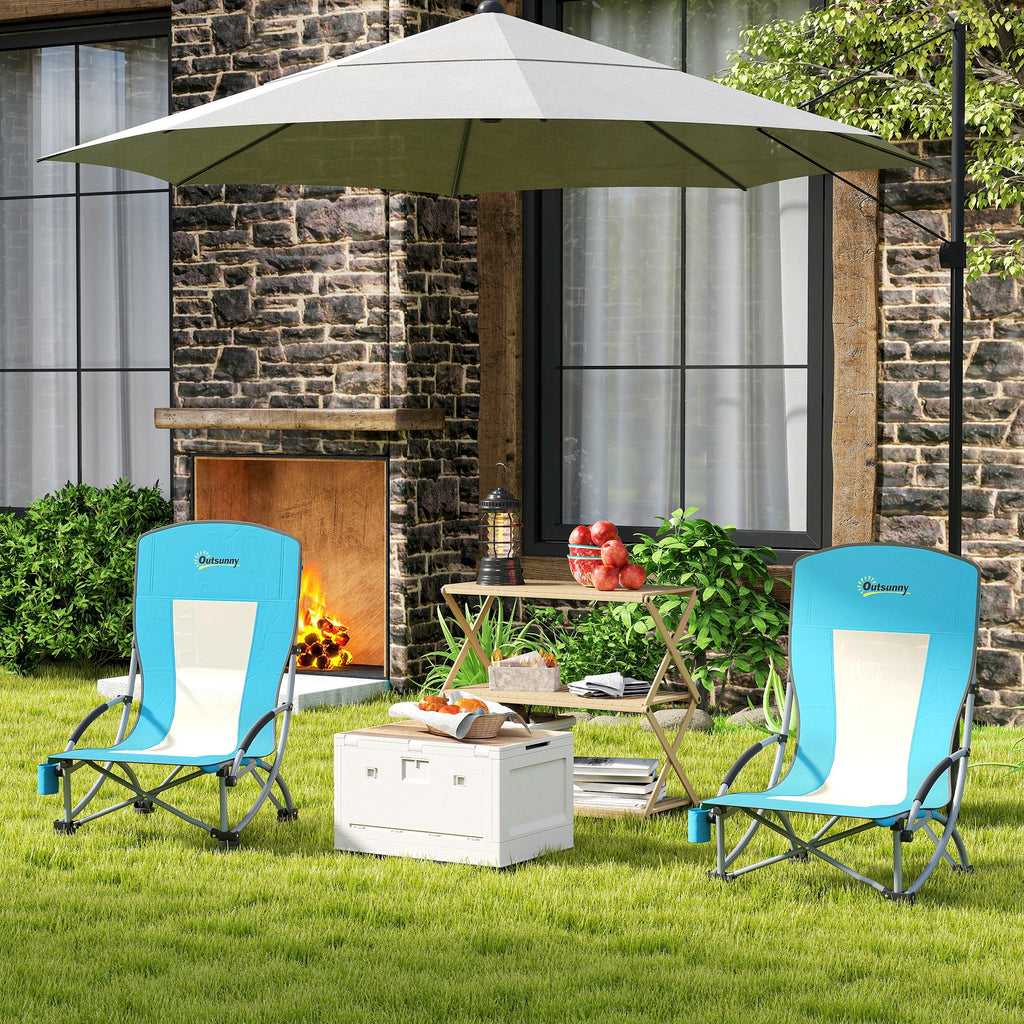 Set of 2 Folding Beach Chairs with Armrests, Cup Holder and Carrying Bag, Blue