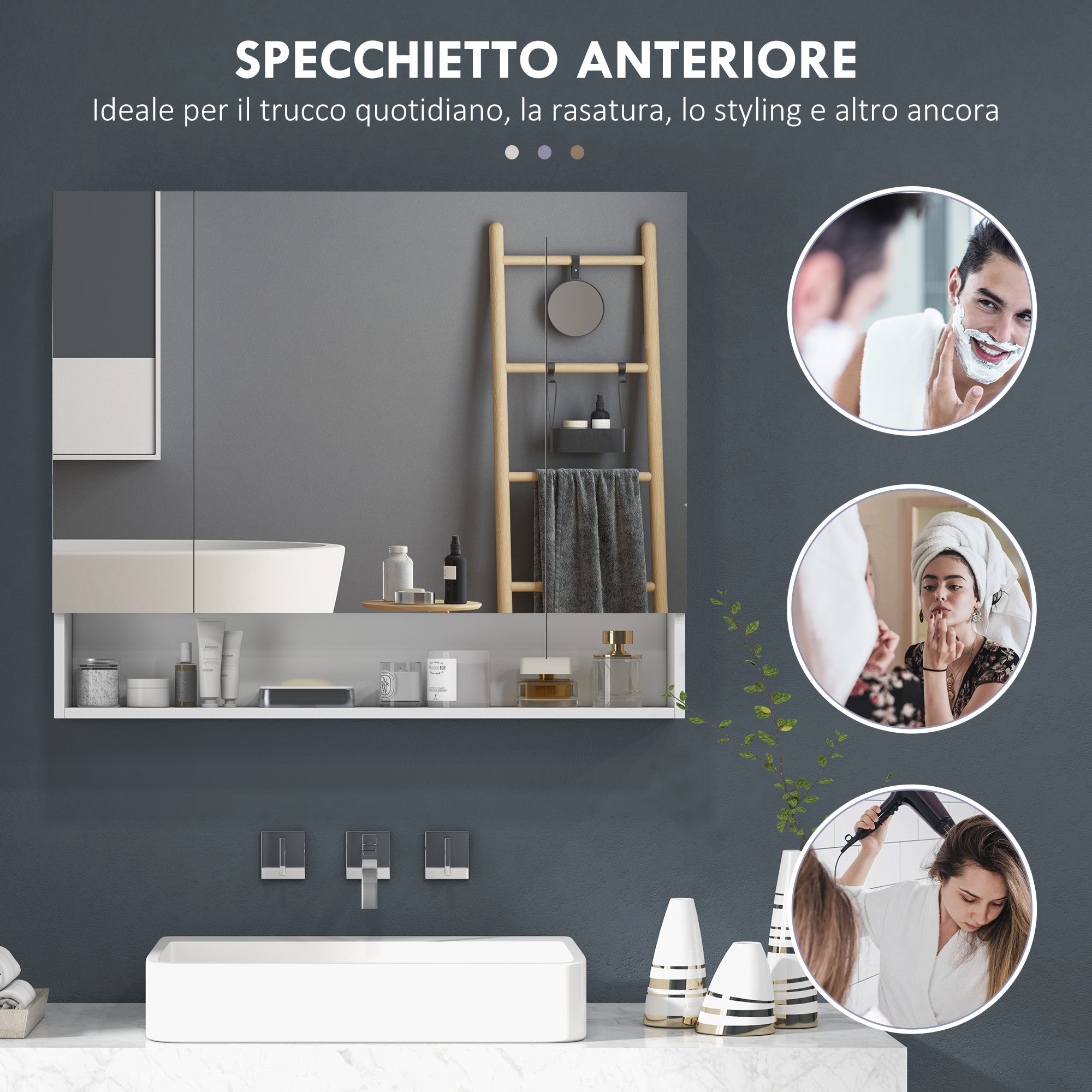 kleankin Bathroom Mirror Cabinet with 3 Soft-Close Doors and Adjustable Shelves, 90x15x75 cm, White