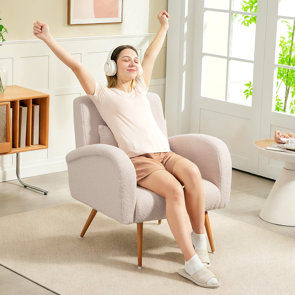Modern Living Room Armchair in Teddy Fabric with Removable Lumbar Cushion, 77x77x83 cm, Beige