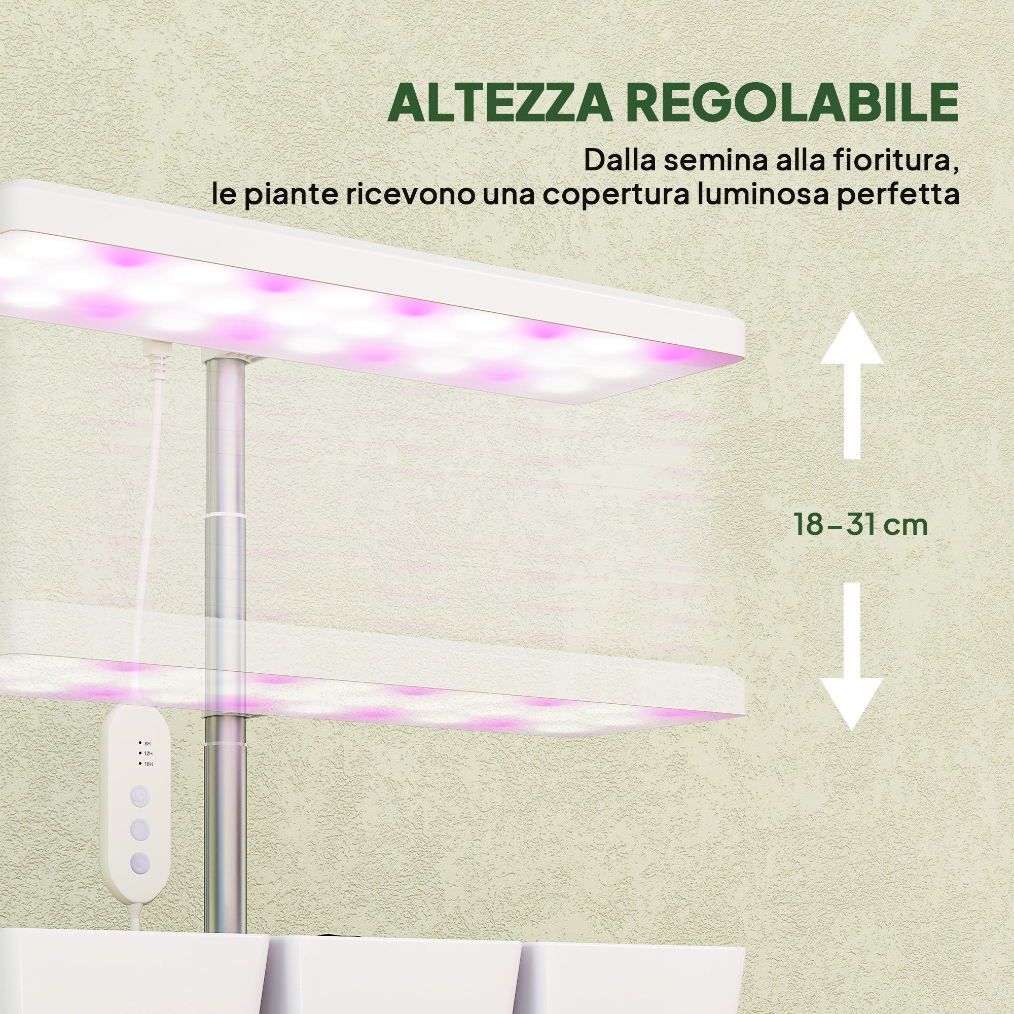 30 LED Plant Grow Lights with 3 Pots, Timer and Dimmable Lighting, 31.8 x 13.4 x 18.6-35.6 cm, White