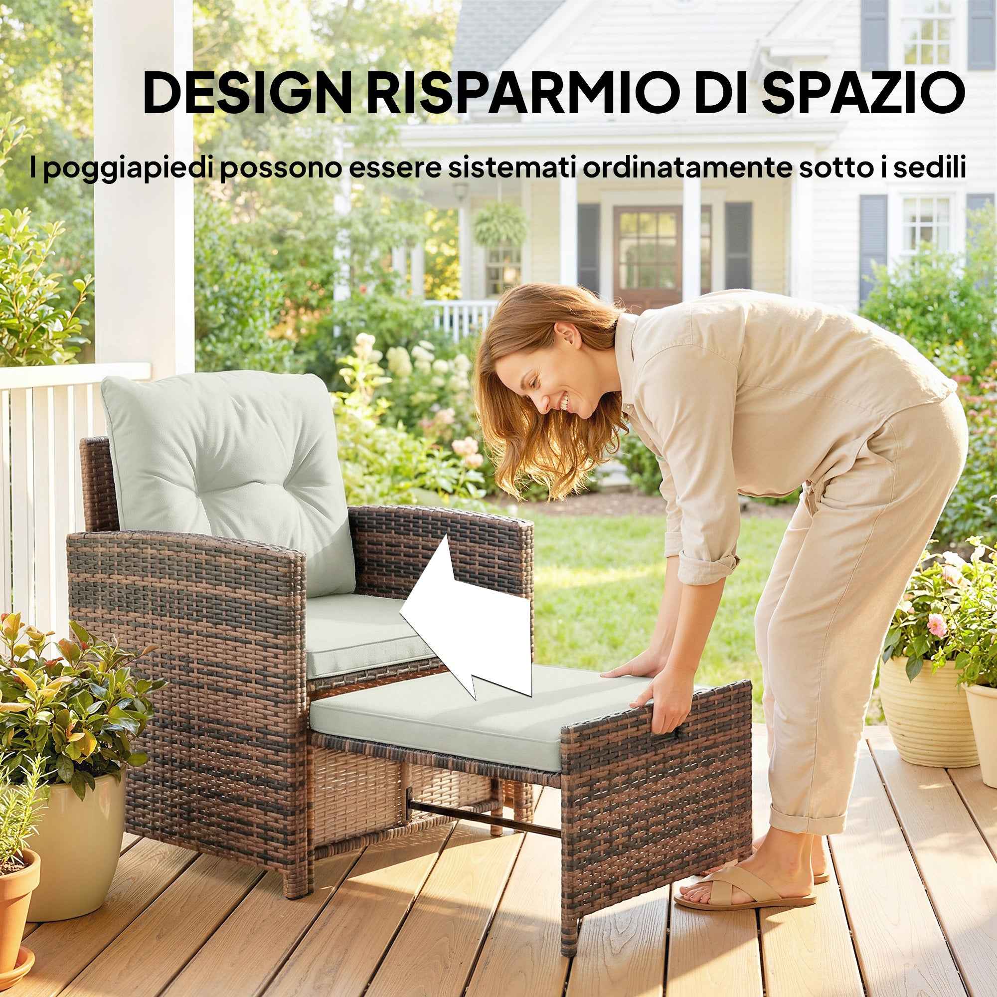 Outsunny 5-Piece Rattan and Steel Outdoor Set with 2 Ottomans, 2 Chairs and 2-Tier Coffee Table, Brown and Cream