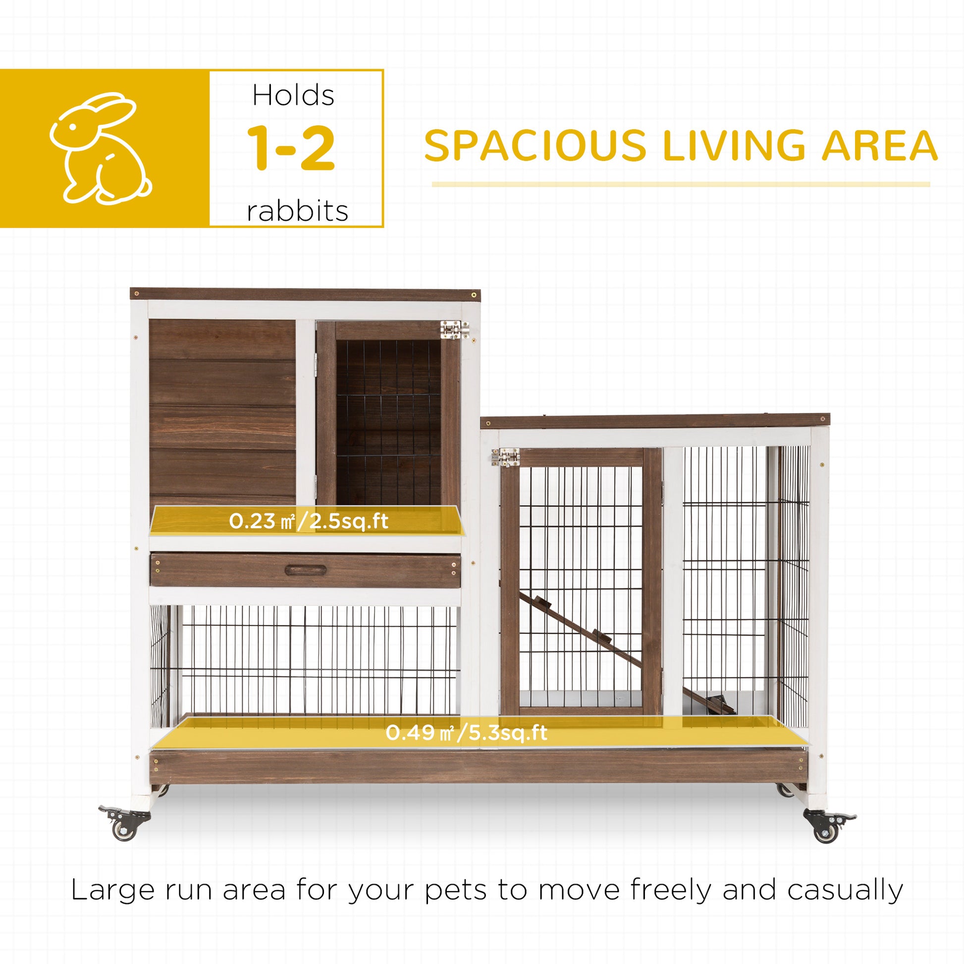 PawHut Wooden Hutch with Wheels, Removable Trays and House, 110x50x86cm, Brown and White - Borgè