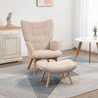 Relaxing Chair with Pouf Footstool in Corduroy with High Back and Armrests, Beige