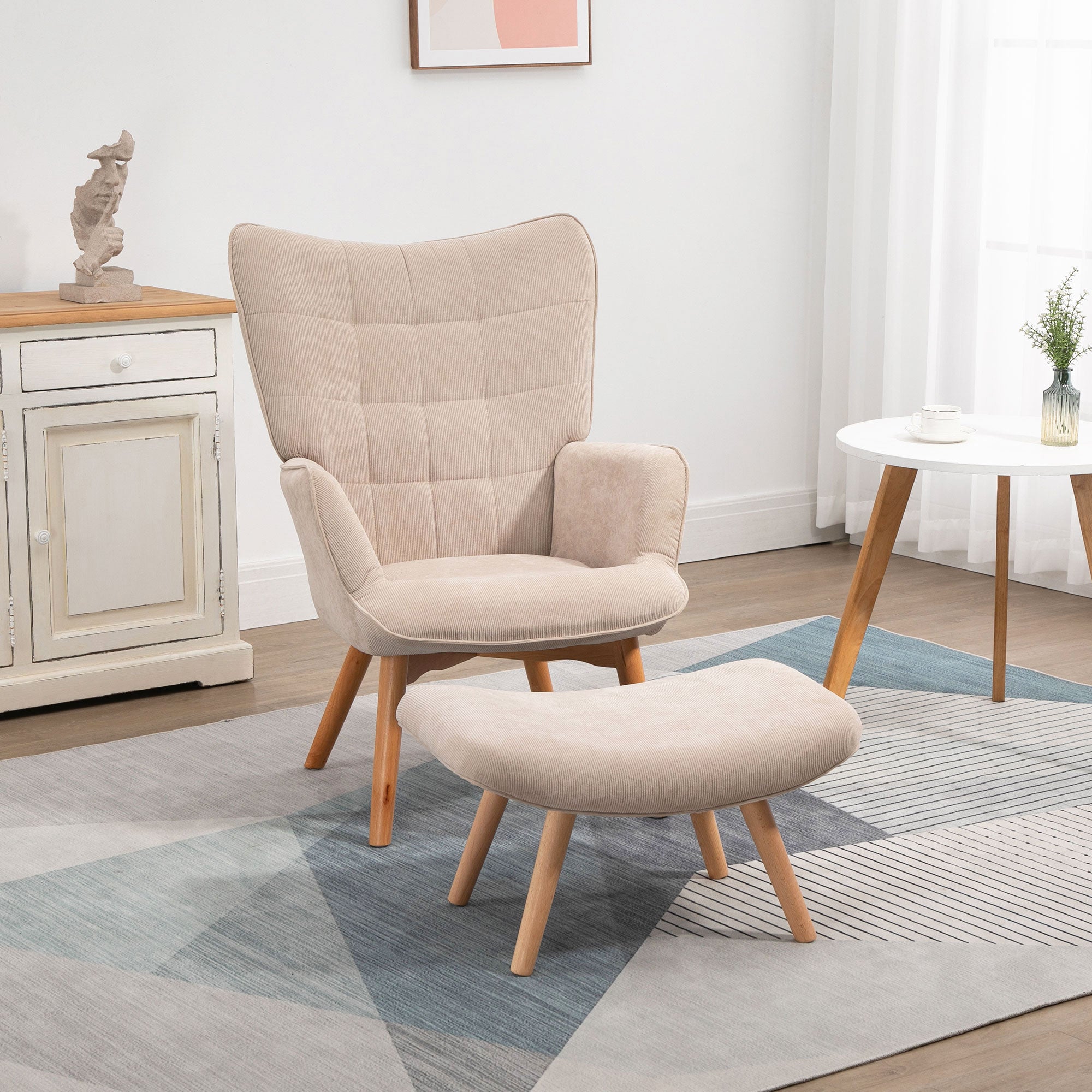 Relaxing Chair with Pouf Footstool in Corduroy with High Back and Armrests, Beige