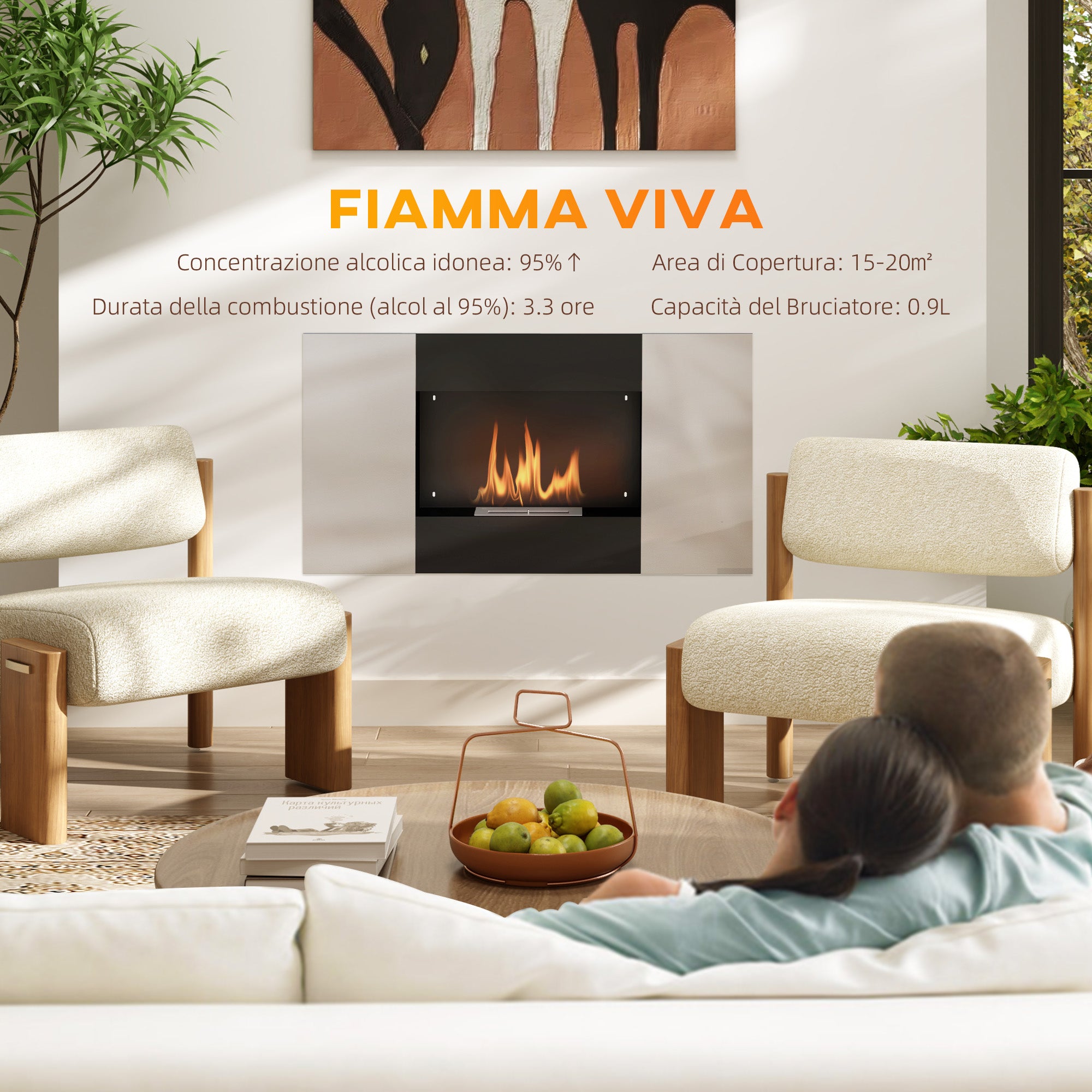 Wall Mounted  0.9L Bioethanol Fireplace with Protective Panel, Stainless Steel and Glass, 100x15x54 cm, Black and Silver